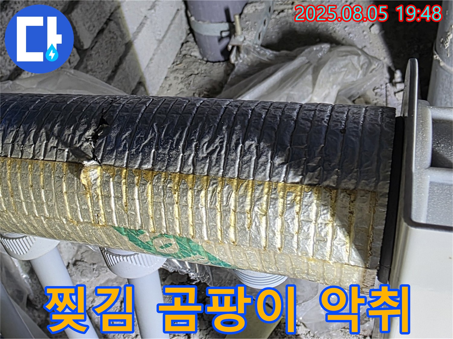 양주 자이아파트 누수 - 삼숭동 배관 보온재 겉면 찢김, 곰팡이 및 악취 발생