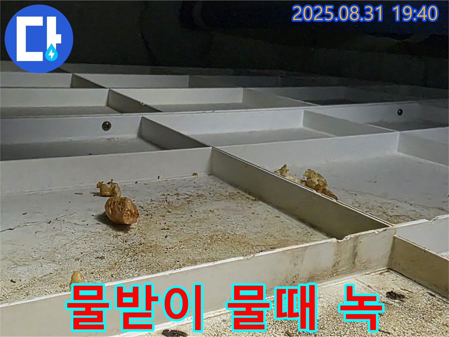 분당 산운로 누수 - 천장 SMC 물받이 누수, 누적된 물때와 녹 발생