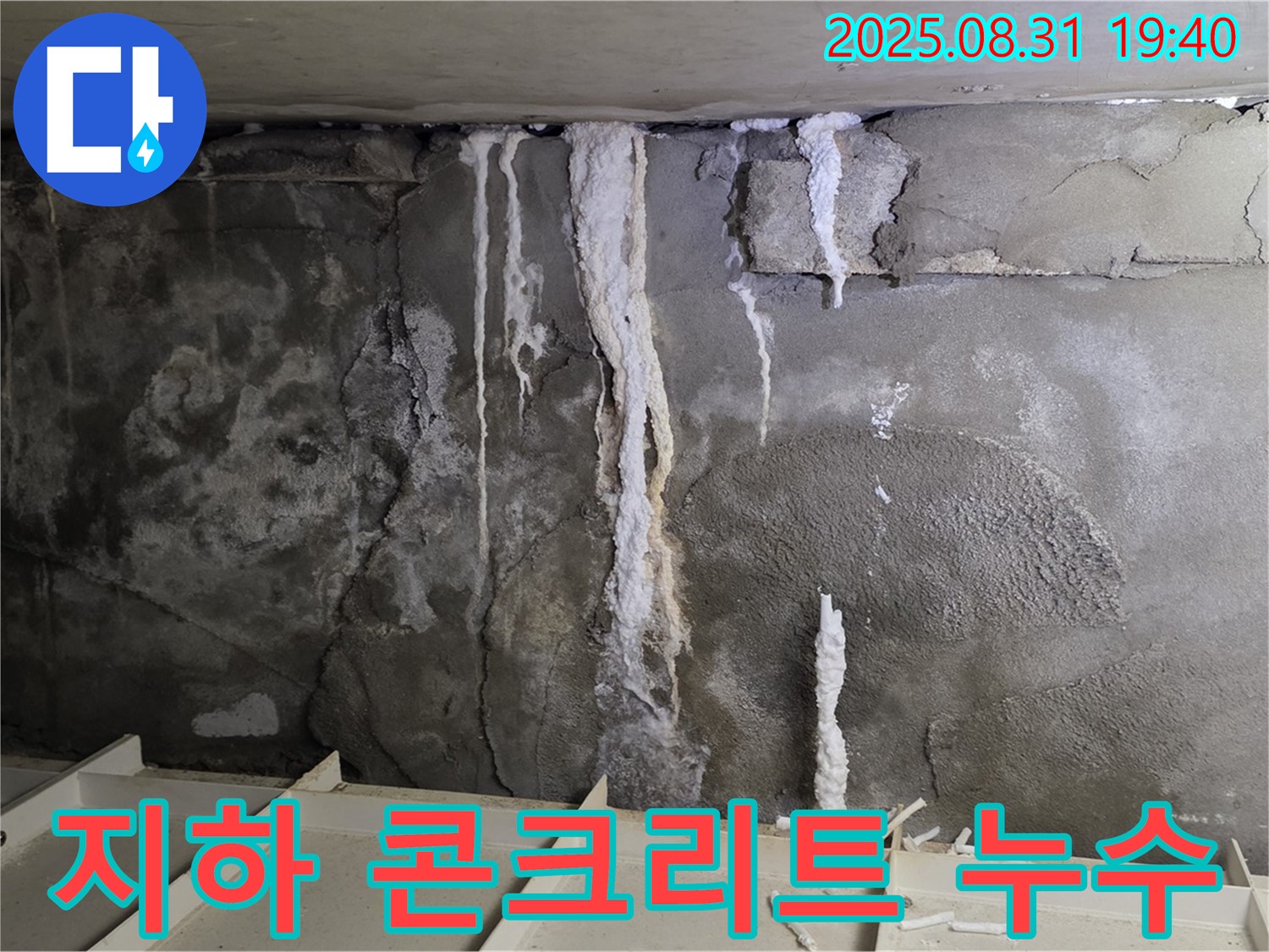 분당구 산운동 주택 지하 콘크리트 누수 - 심각한 누수 흔적과 콘크리트 손상, 건물 안전 위협