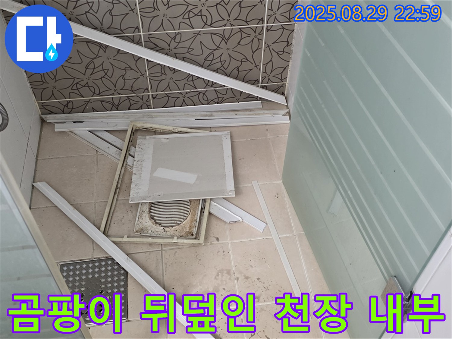 양주 백석 서광아파트 욕실 - 천장 내부가 습한 환경으로 인해 곰팡이로 가득 차 있습니다.