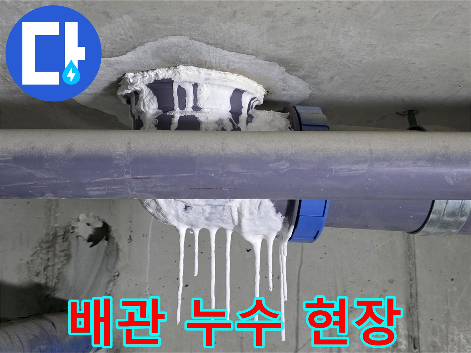 배관 누수 현장 - 누수 발생 부위를 클로즈업하여 보여줍니다.