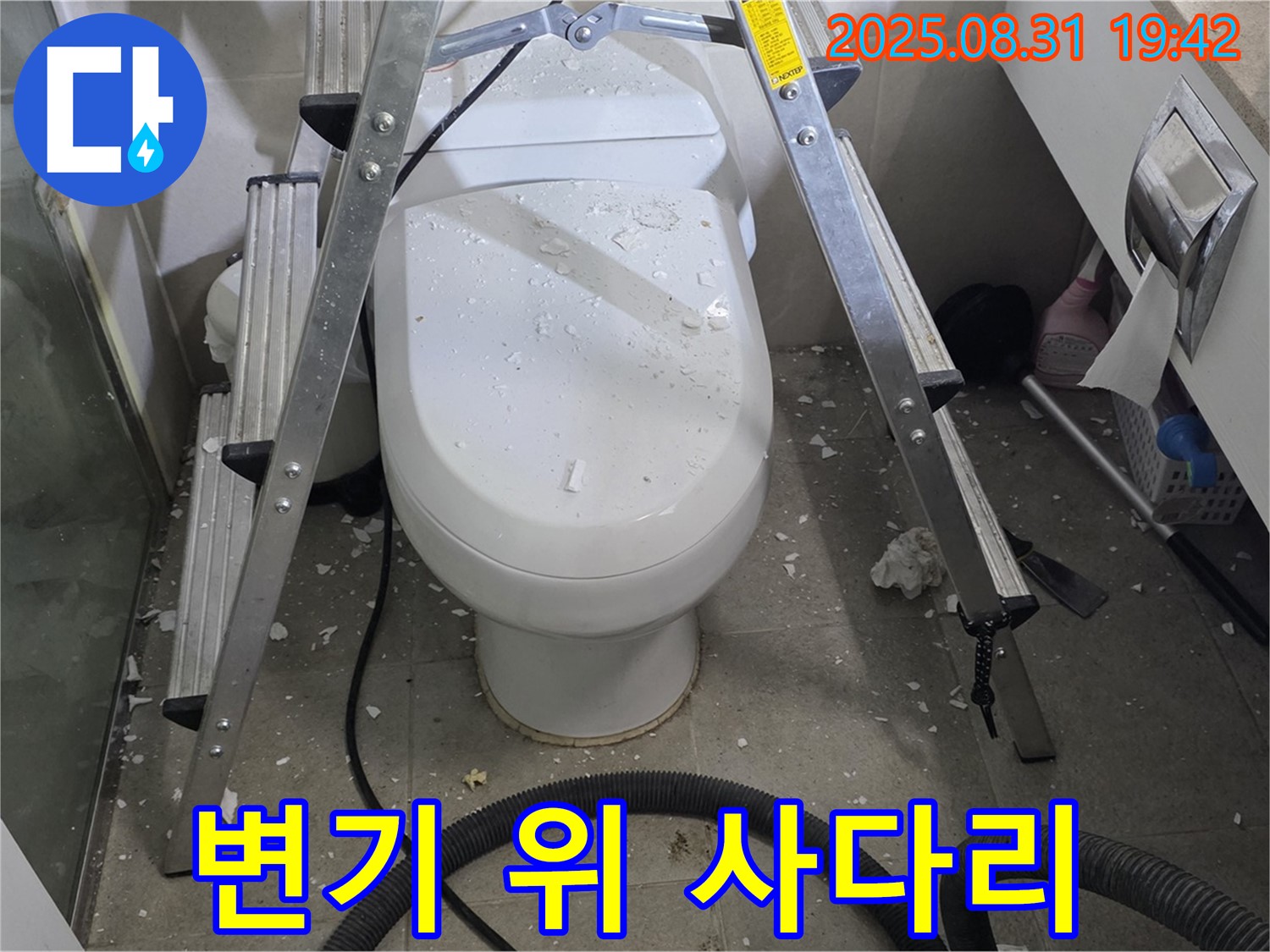 변기 위 사다리 설치 - 안전 작업 준비 완료