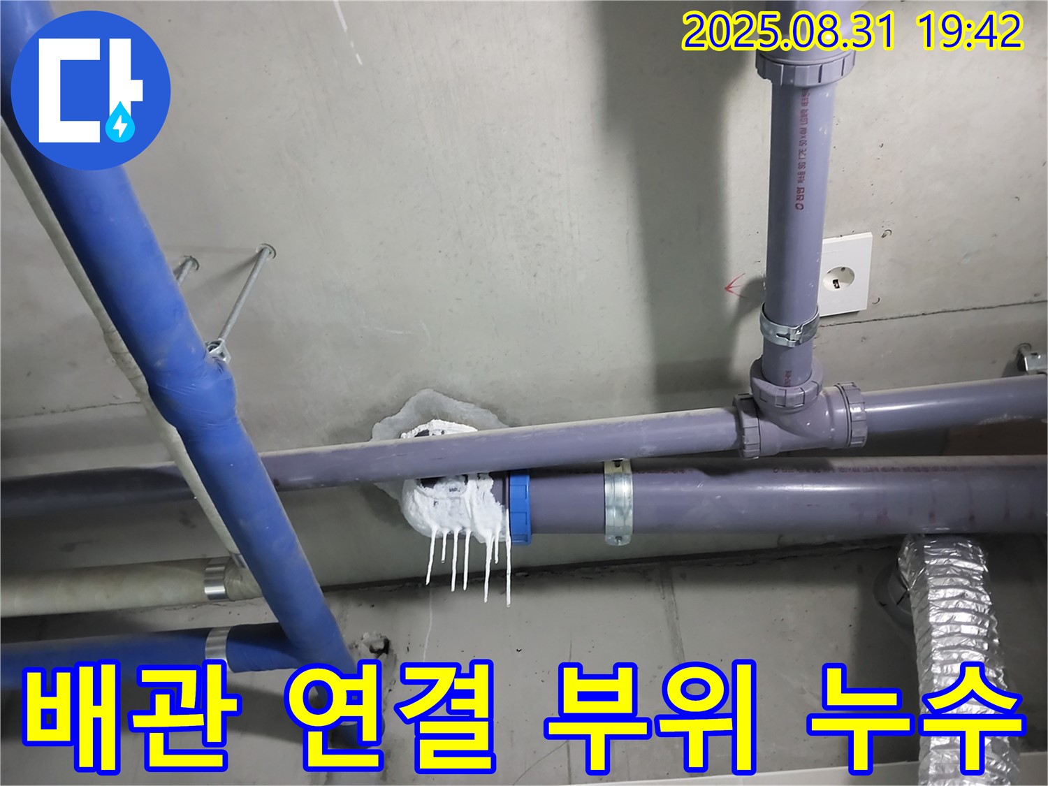 분당 운중동 누수 - 문제의 배관 연결 부위에서 누수가 발생한 모습
