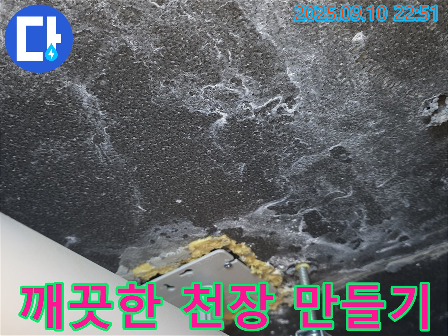 석회와 곰팡이 제거 작업을 진행 중인 천장 사진 - 깨끗하고 쾌적한 천장을 만들어 드리겠습니다.