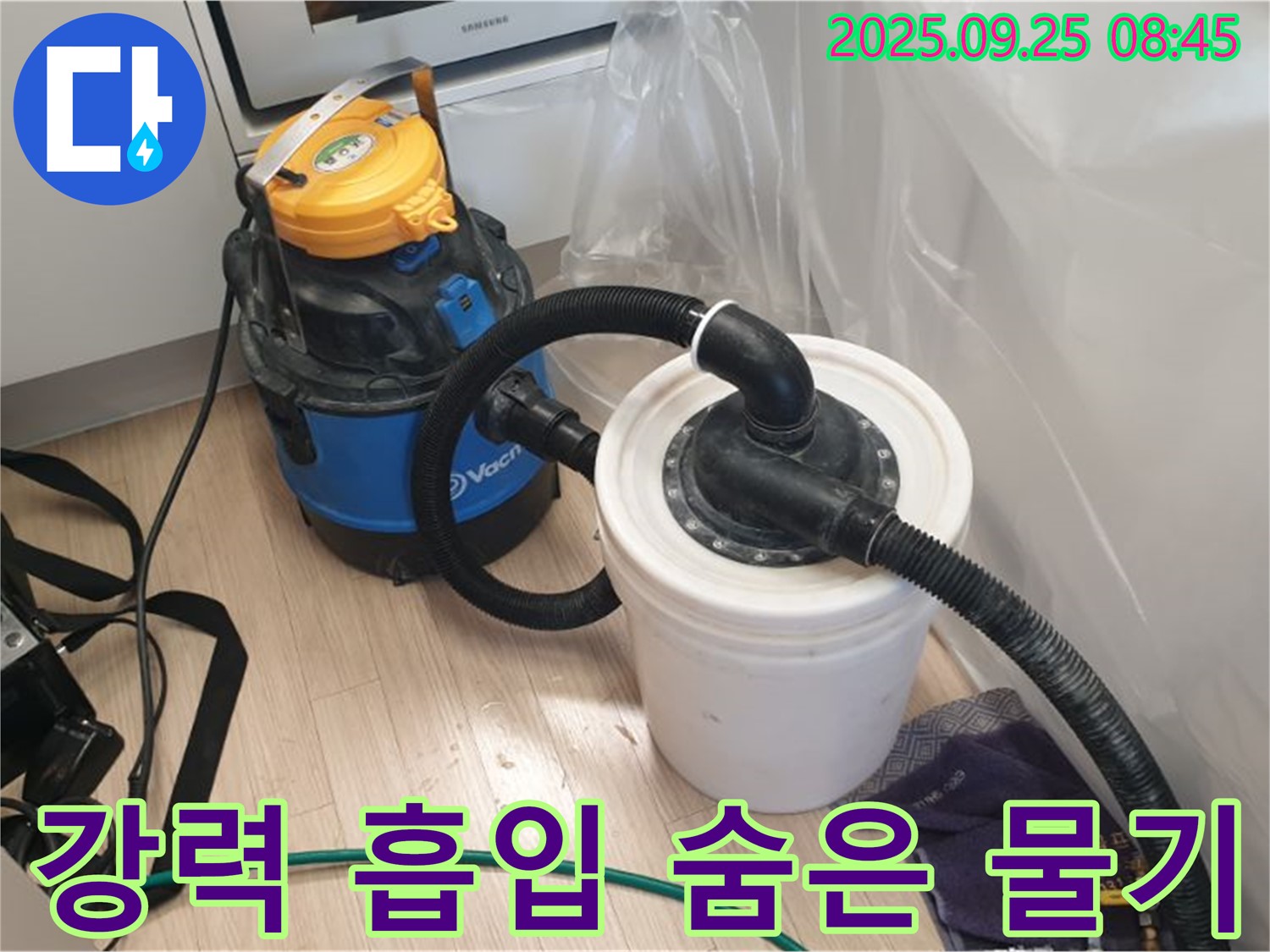 양주 누수 현장 - 강력 흡입기로 숨은 물기까지 꼼꼼하게 제거합니다.