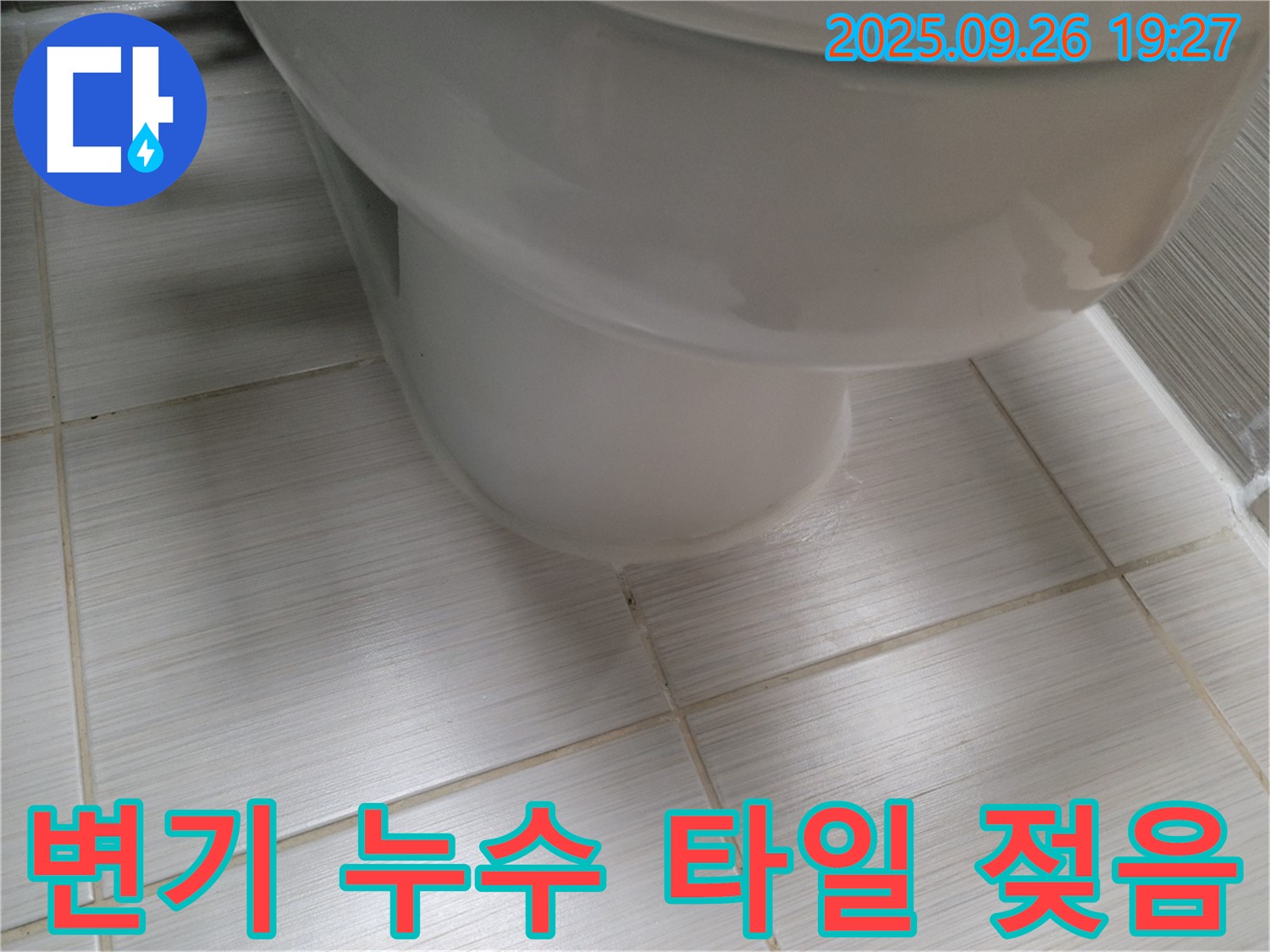 변기 누수 - 누수로 인해 타일이 젖어있는 모습 - 빠른 점검이 중요합니다.