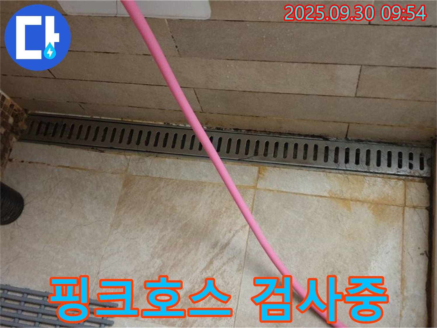 샤워실 트렌치 누수 - 핑크 호스를 사용하여 꼼꼼하게 누수 검사를 진행하고 있습니다.