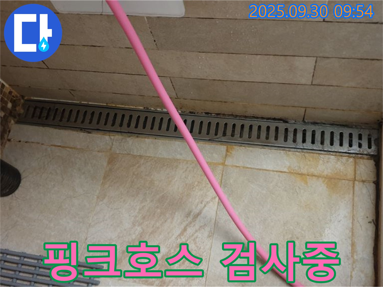 샤워실 트렌치 누수 - 핑크 호스를 사용하여 꼼꼼하게 누수 검사를 진행하고 있습니다.