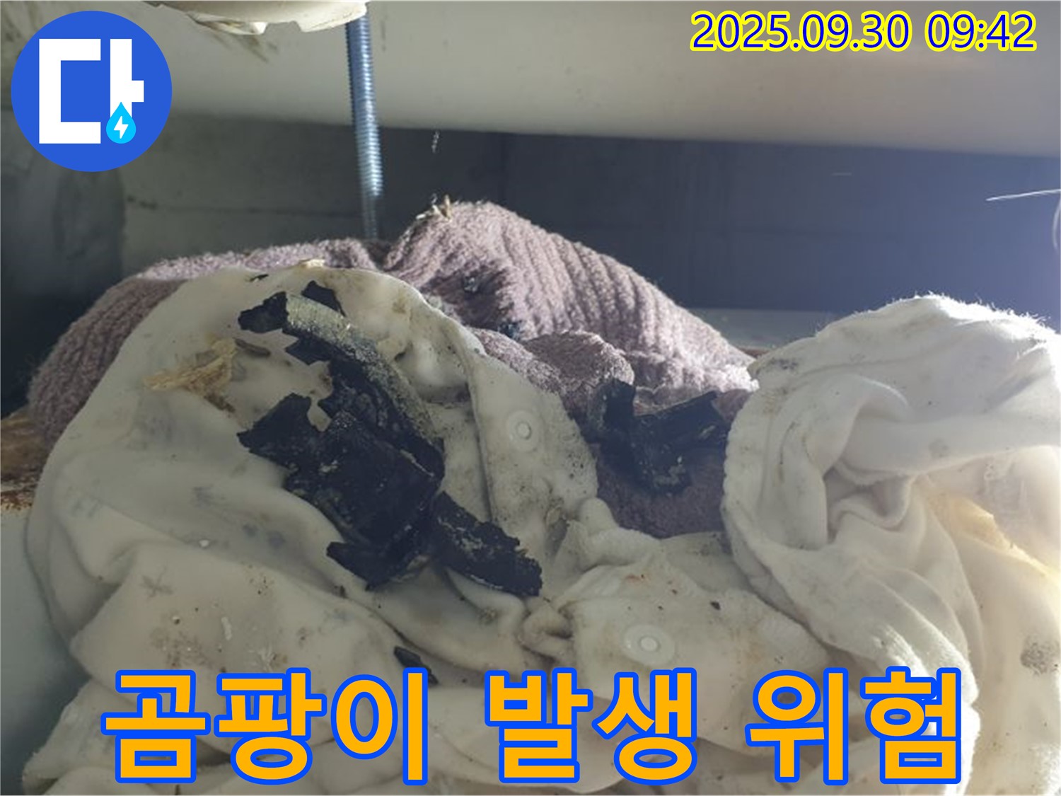 젖은 세탁물과 검은 잔해 - 곰팡이 위험 - 석우리 누수