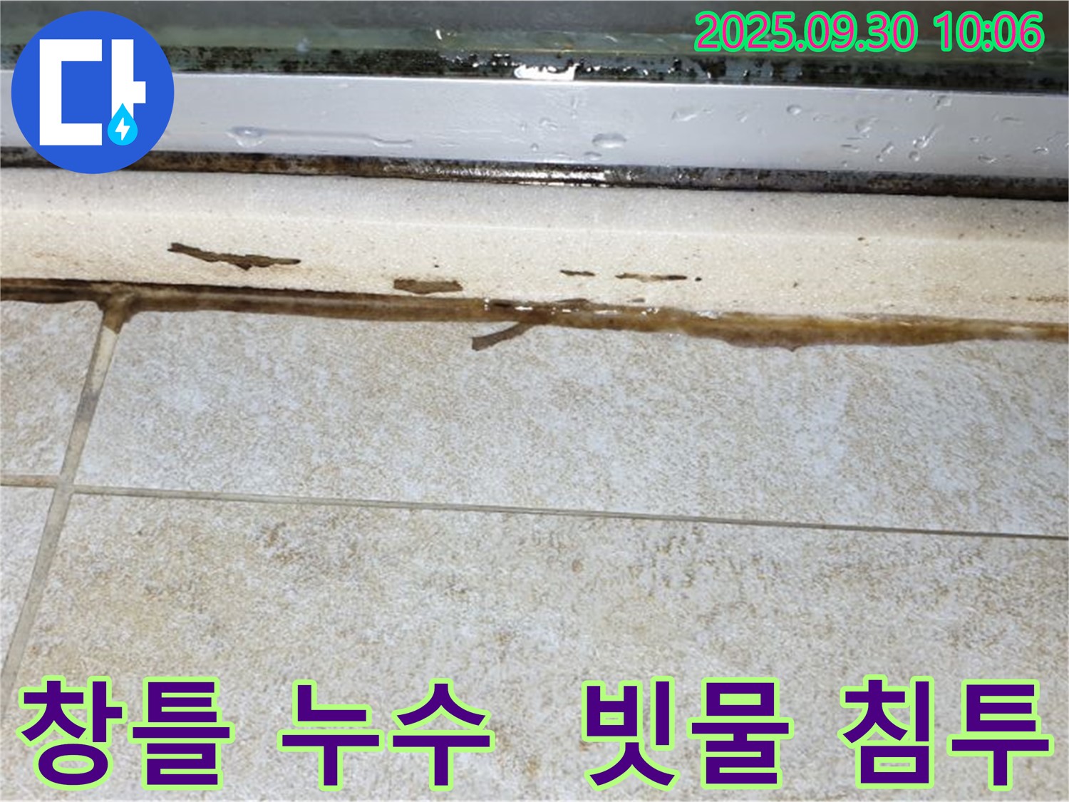 창틀 실리콘 손상으로 인한 빗물 누수 - 곰팡이 발생 위험 증가