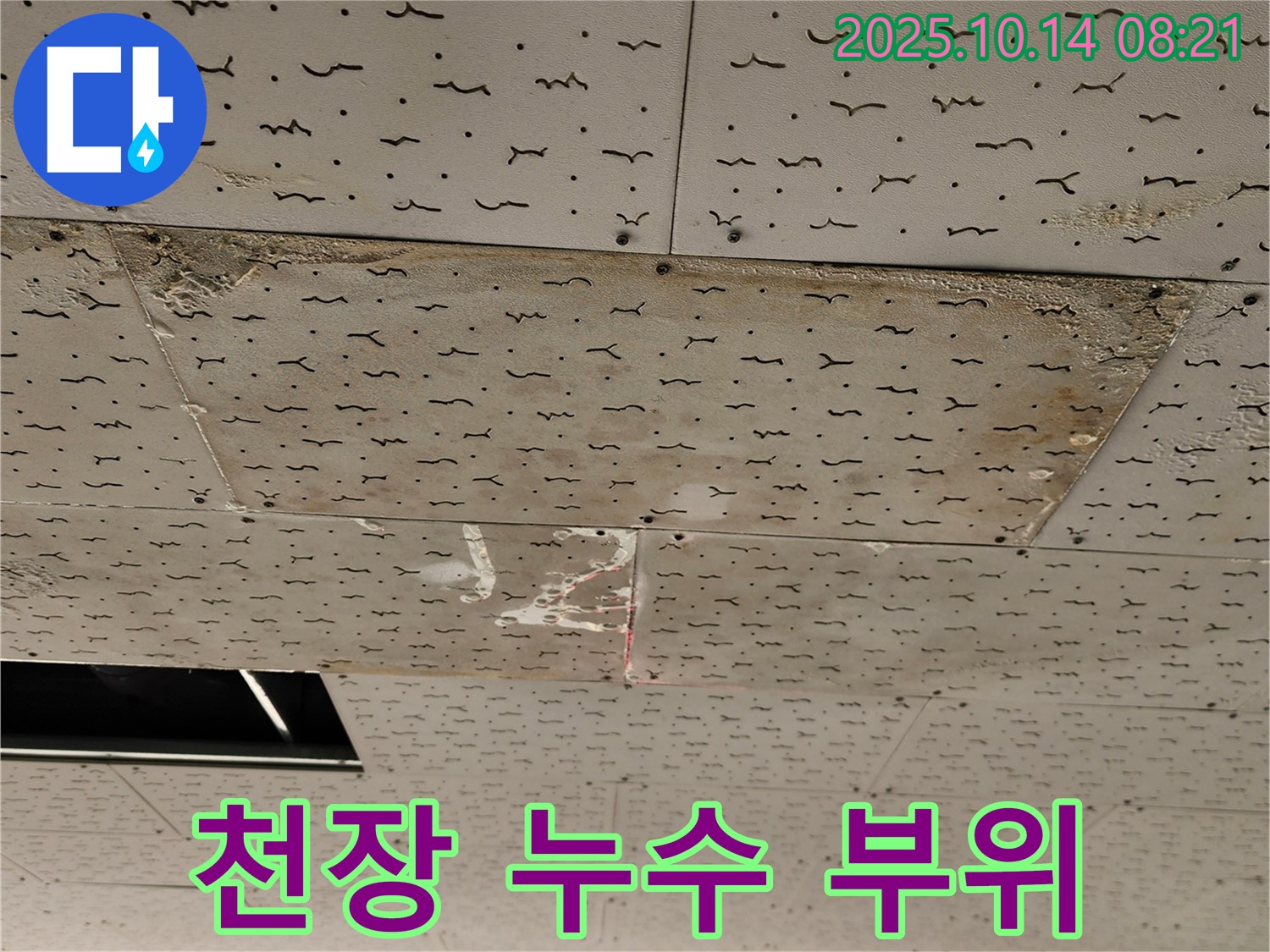 양주시 남면 천장 누수 - 누수가 발생한 천장 부위를 촬영한 사진입니다.