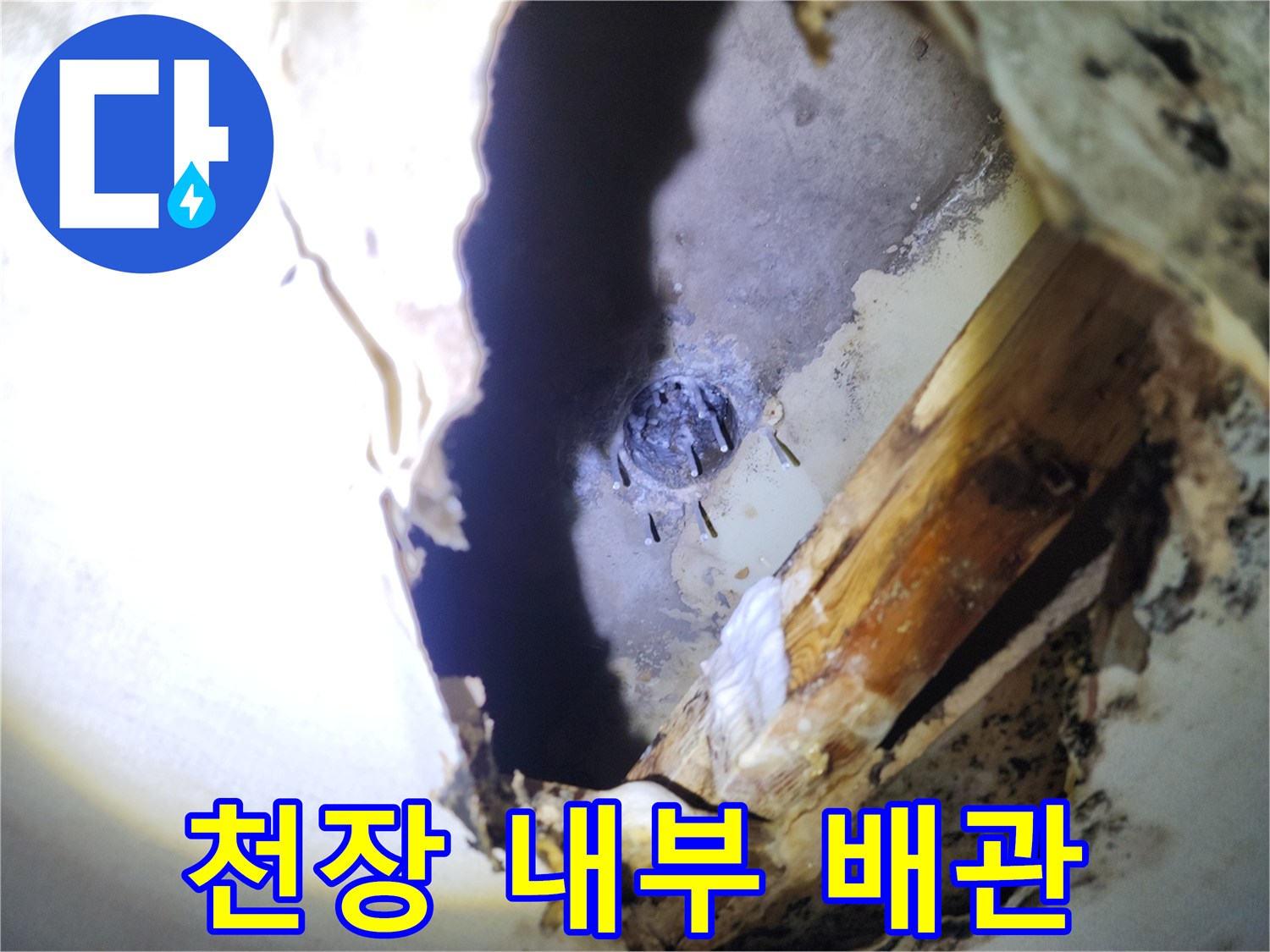 천장 절개 부위의 배관 및 마감재 오염 상태