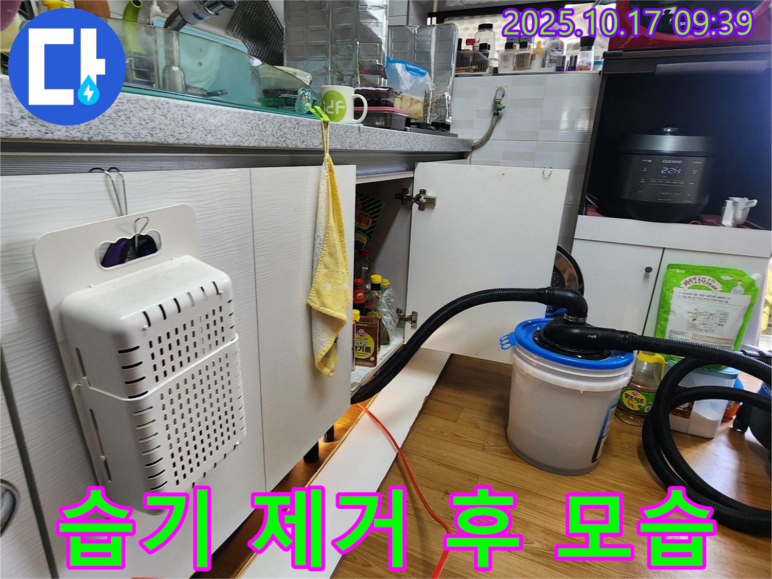 양주시 남면 한산리 싱크대 습기 제거 후 - 습기가 완전히 제거되고 쾌적해진 싱크대 하부 모습입니다.