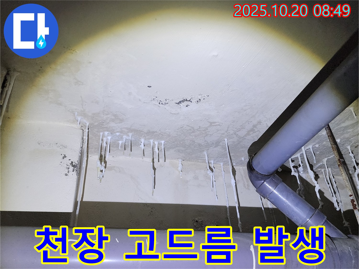 양주시 장흥면 석현리 천장 누수 현장 - 석회수 고드름이 심각하게 발생한 모습