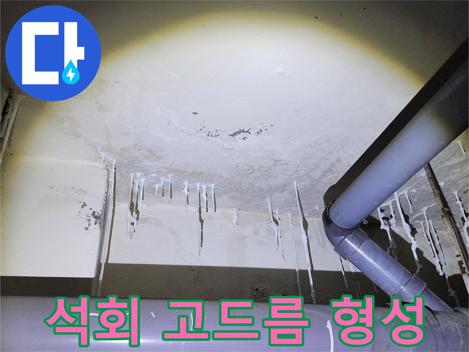 천장 슬래브에 맺힌-하얀색 석회 고드름 사진