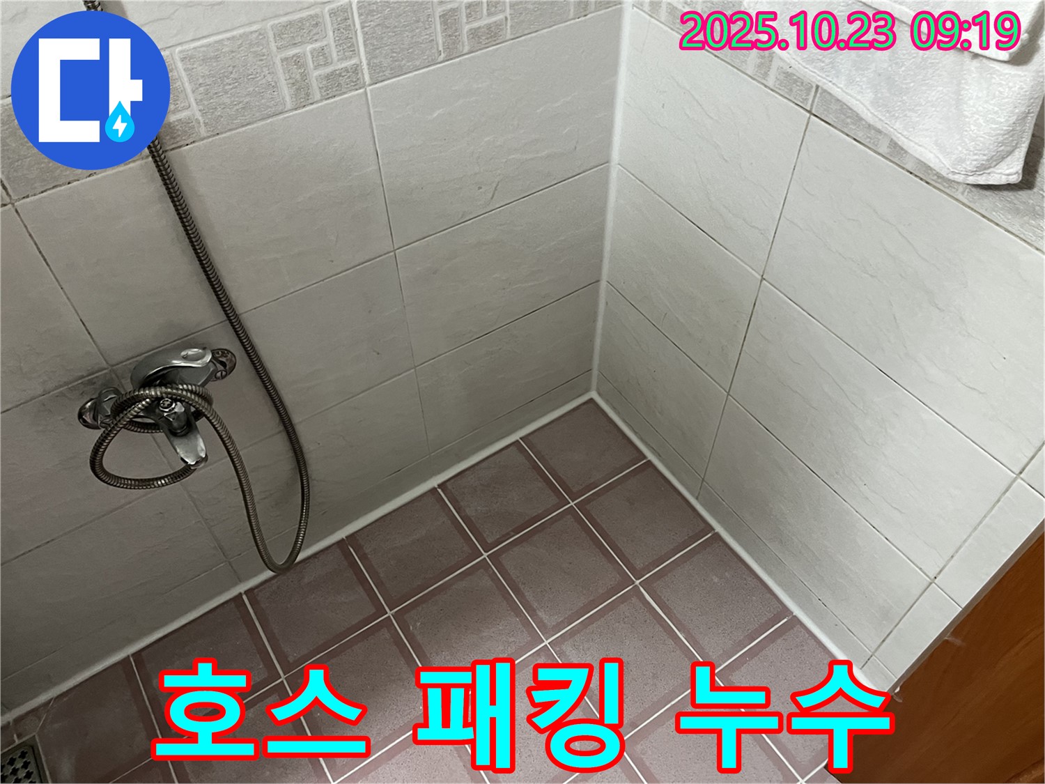 독산동 형제맨션빌 욕실 누수 - 샤워기 호스 연결 부위 고무 패킹 손상 - 누수 발생