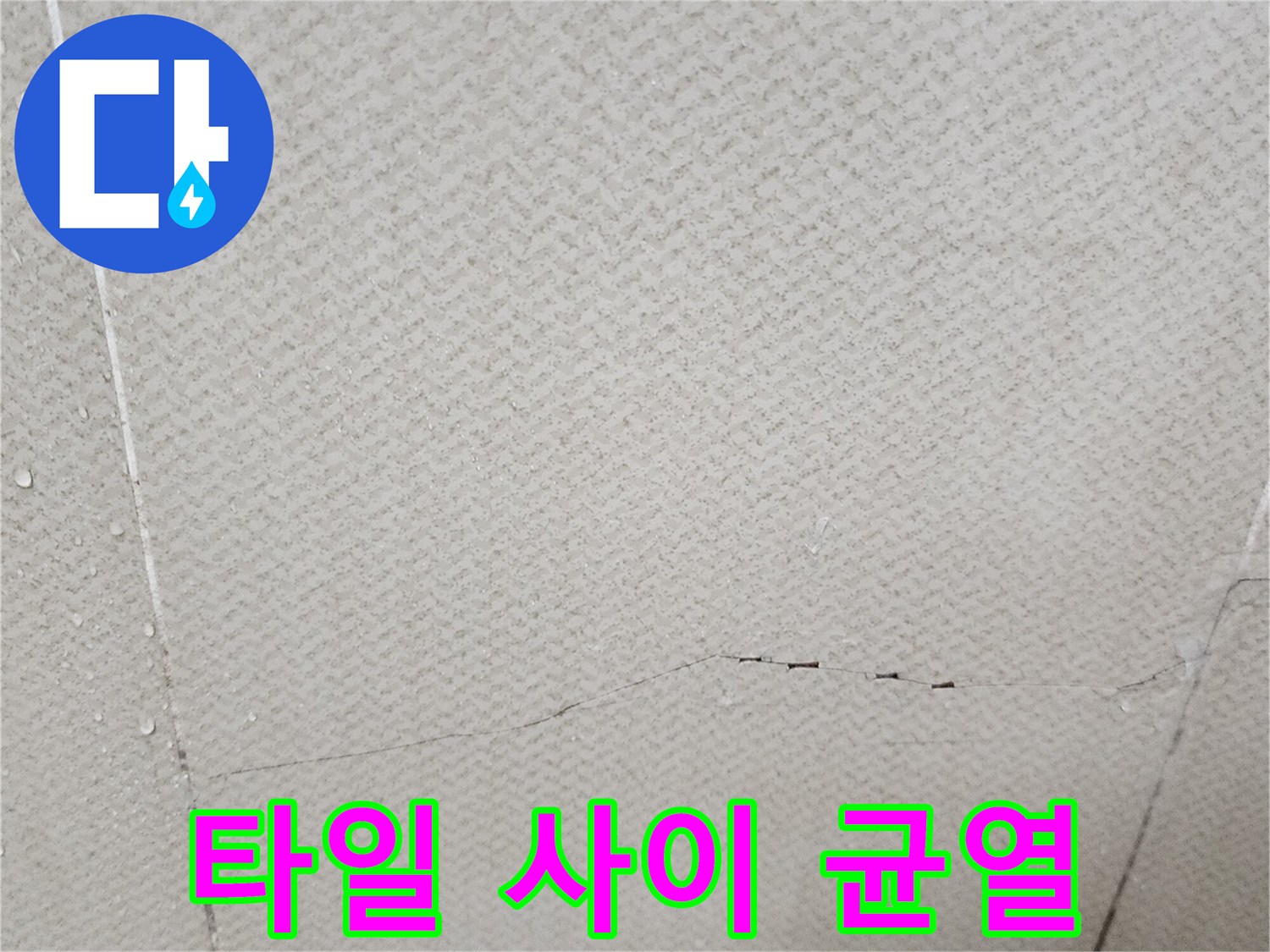 물기가 스며든 천장 타일의 갈라진 틈새 부위