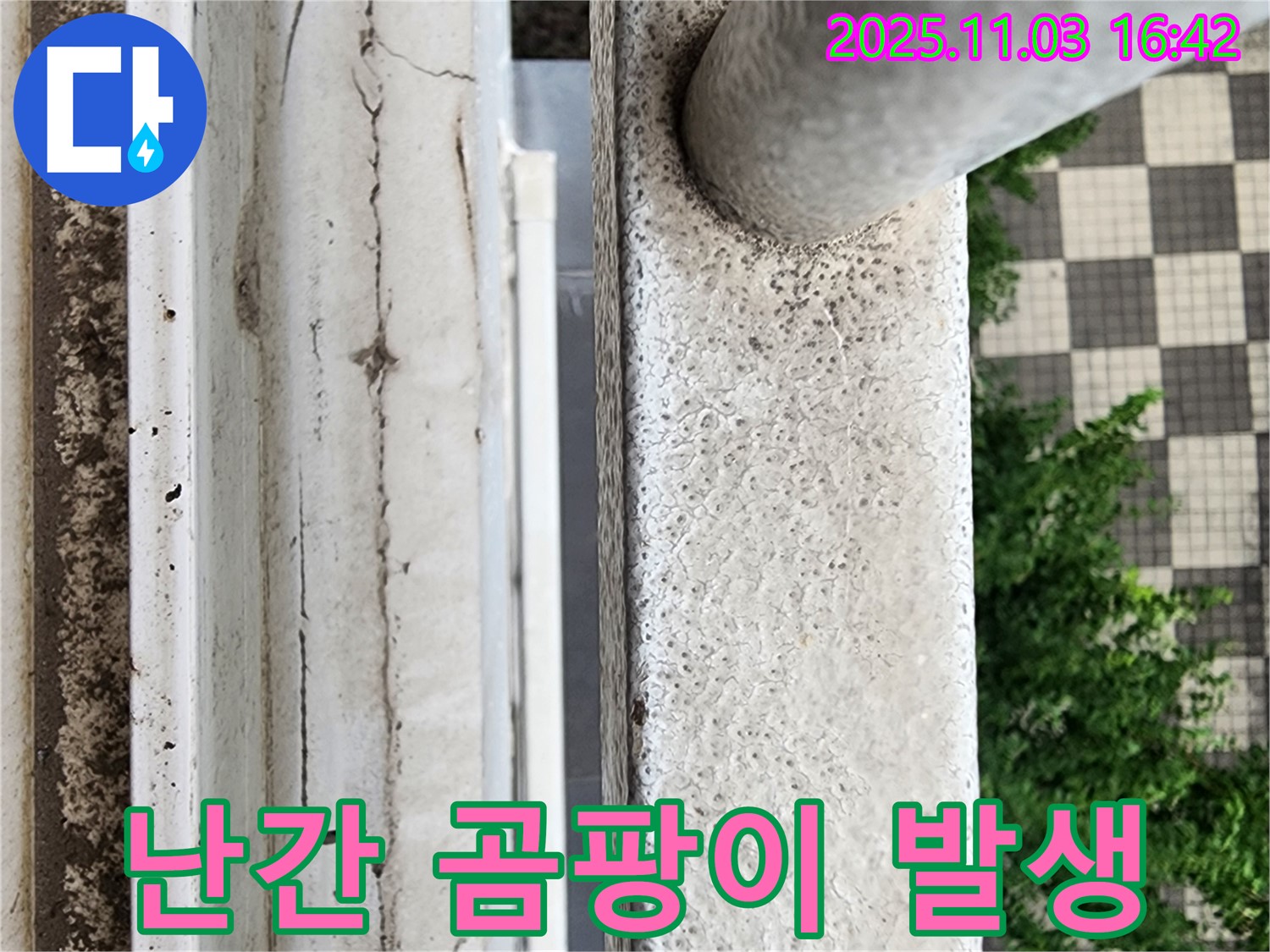 베란다 난간의 곰팡이 - 습기와 누수의 명백한 증거입니다.