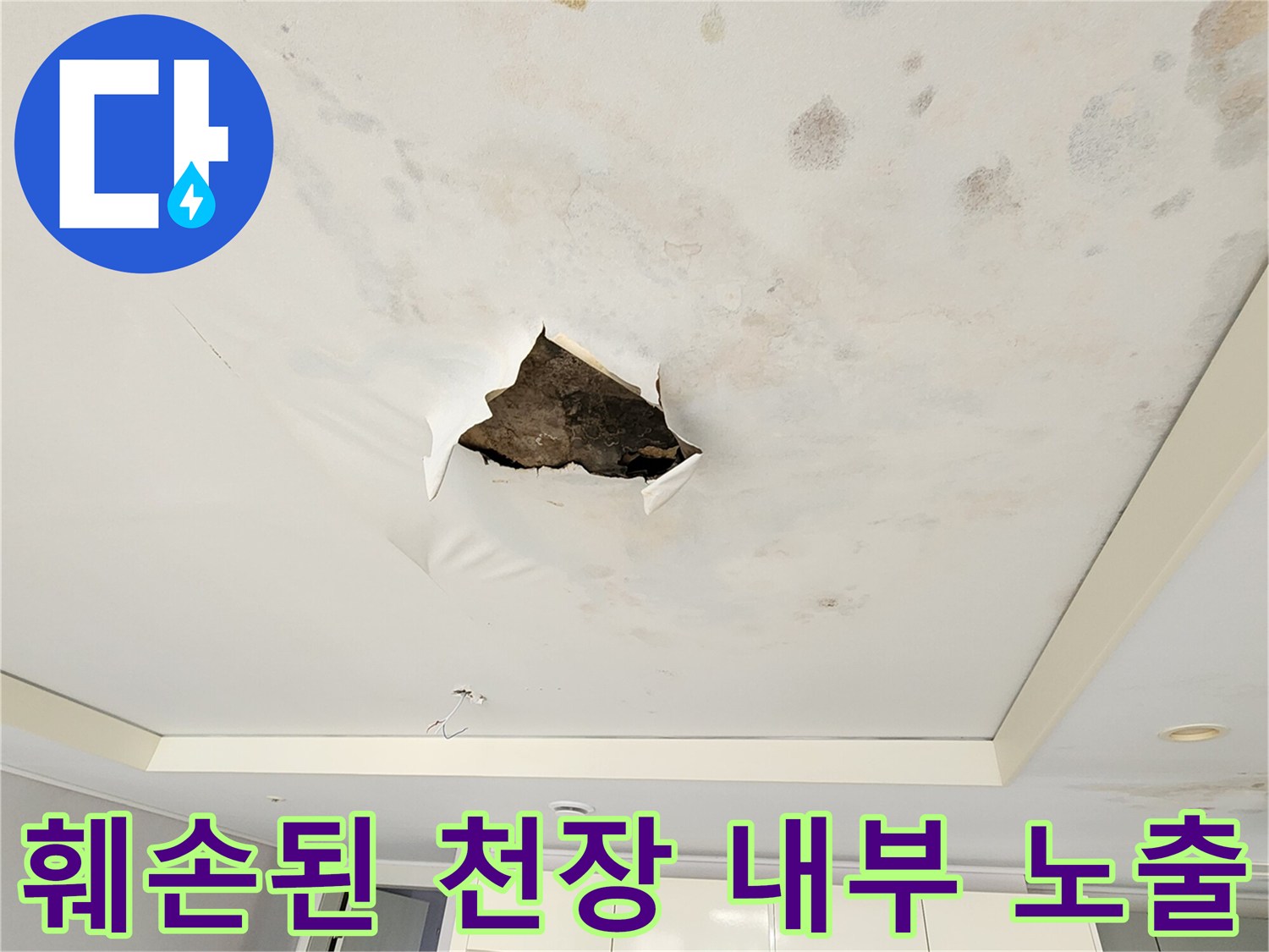 물자국이 번진-천장 마감재와 배관 확인용 절개 부위