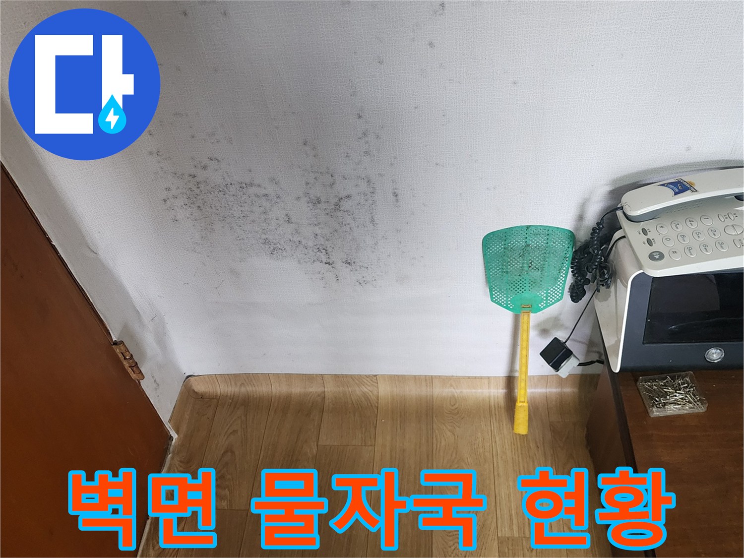 벽지에 넓게 퍼진 습기 흔적 및 곰팡이 오염 부위