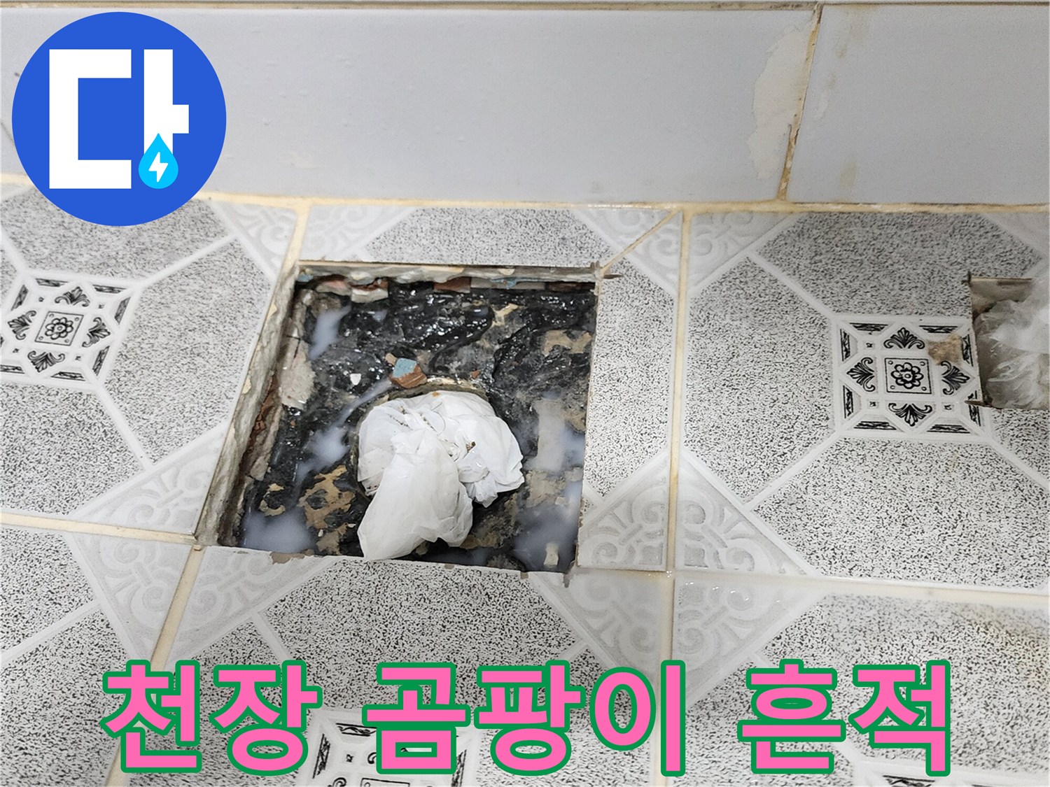 물샘으로 인해 검게 변한 천장 타일 마감 부위