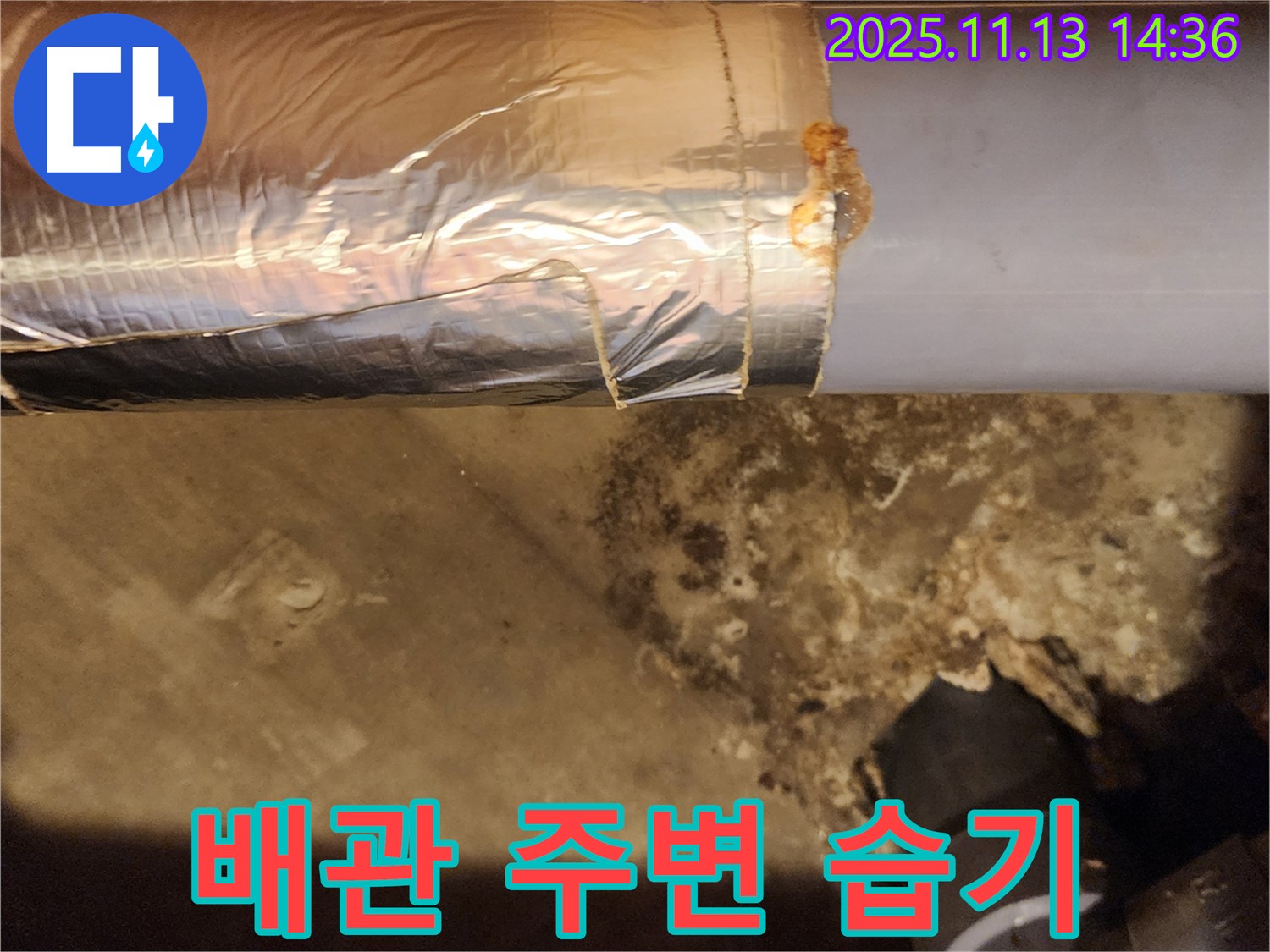 포천 유교리 누수 현장 - 배관 주변에 습기가 찬 모습