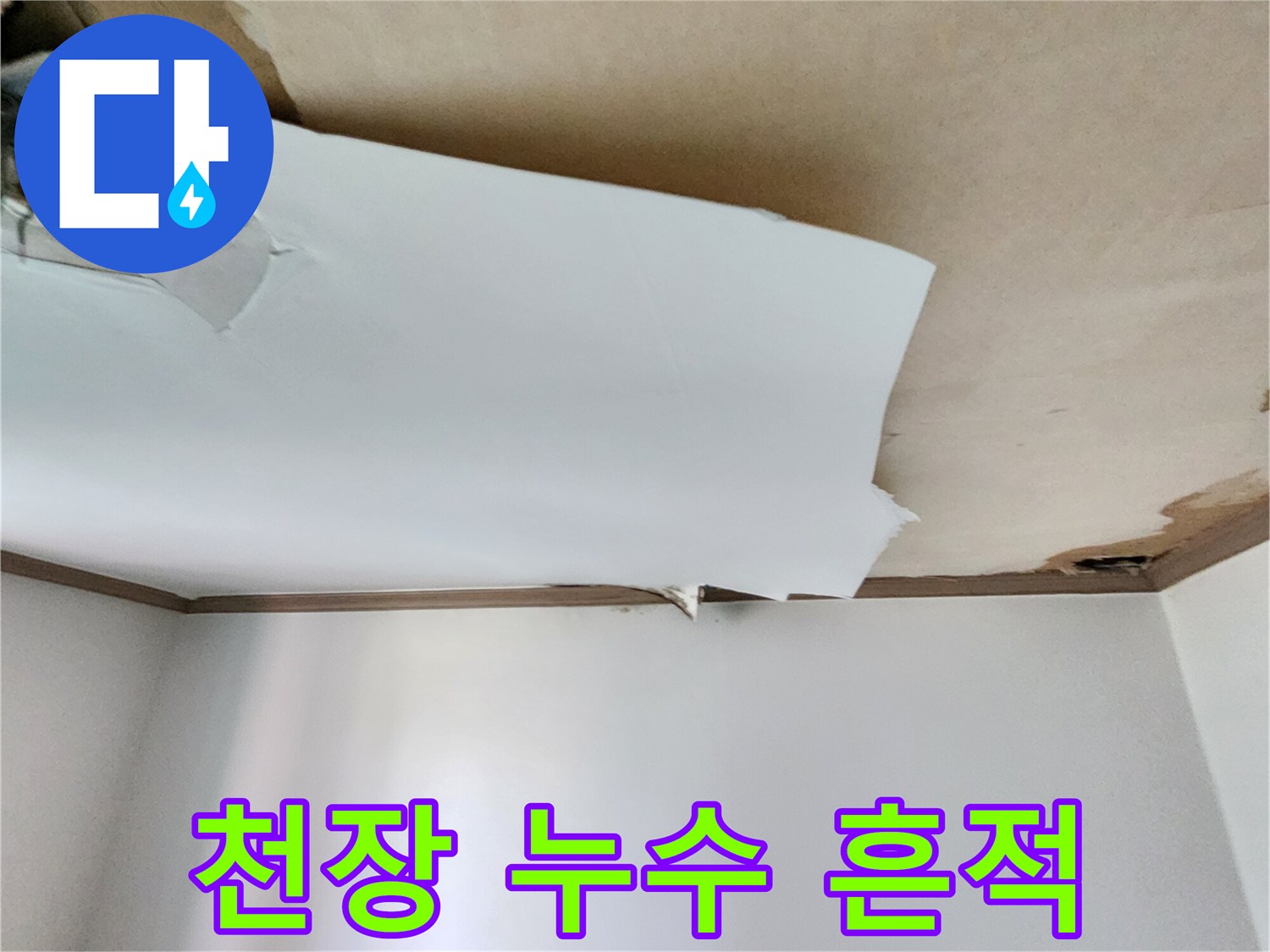 천장 벽지가 젖어 들뜬 상태의 근접 사진