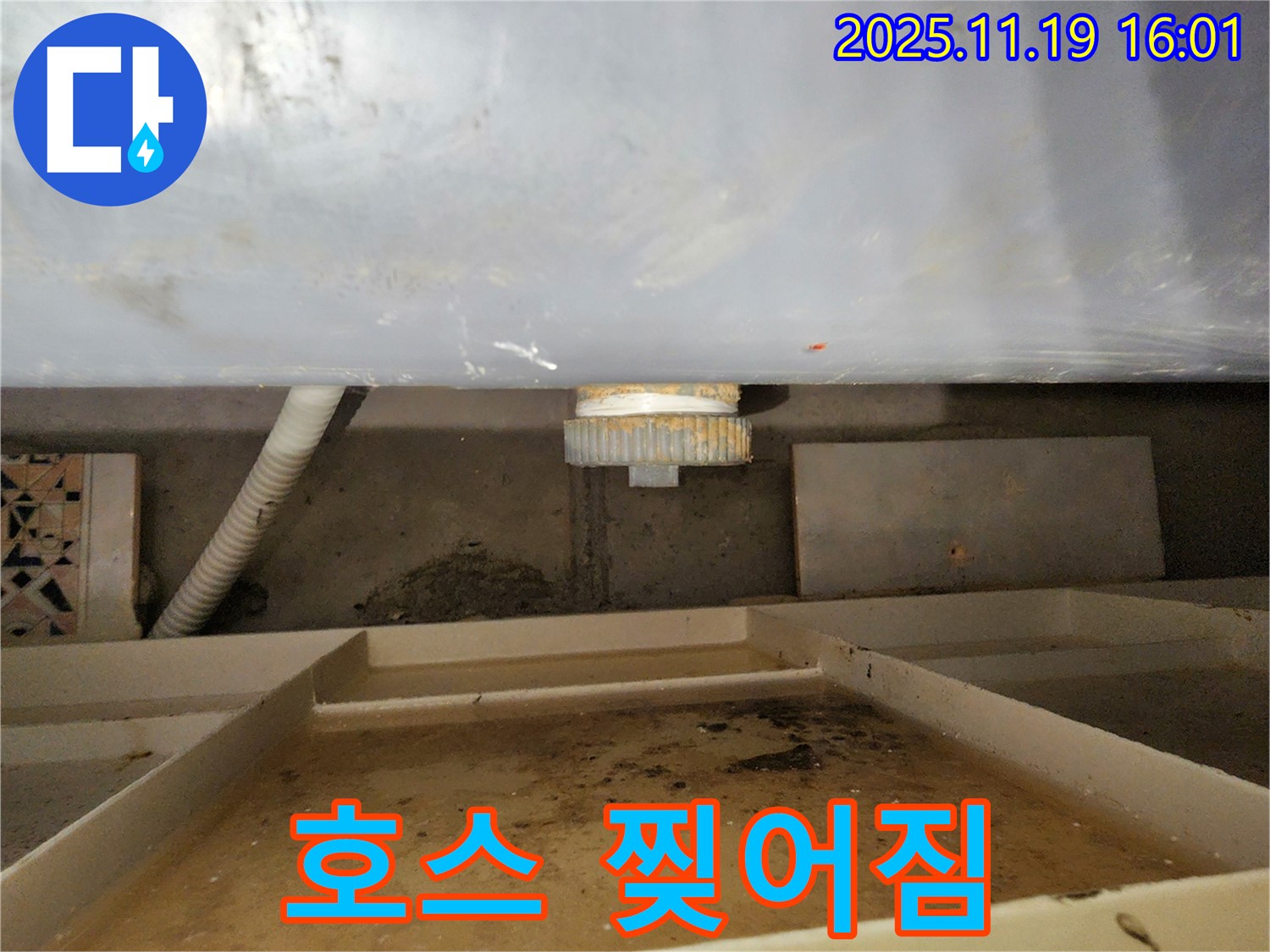 욕조 누수 - 낡은 배수 호스가 찢어져 누수가 발생하고 있습니다.