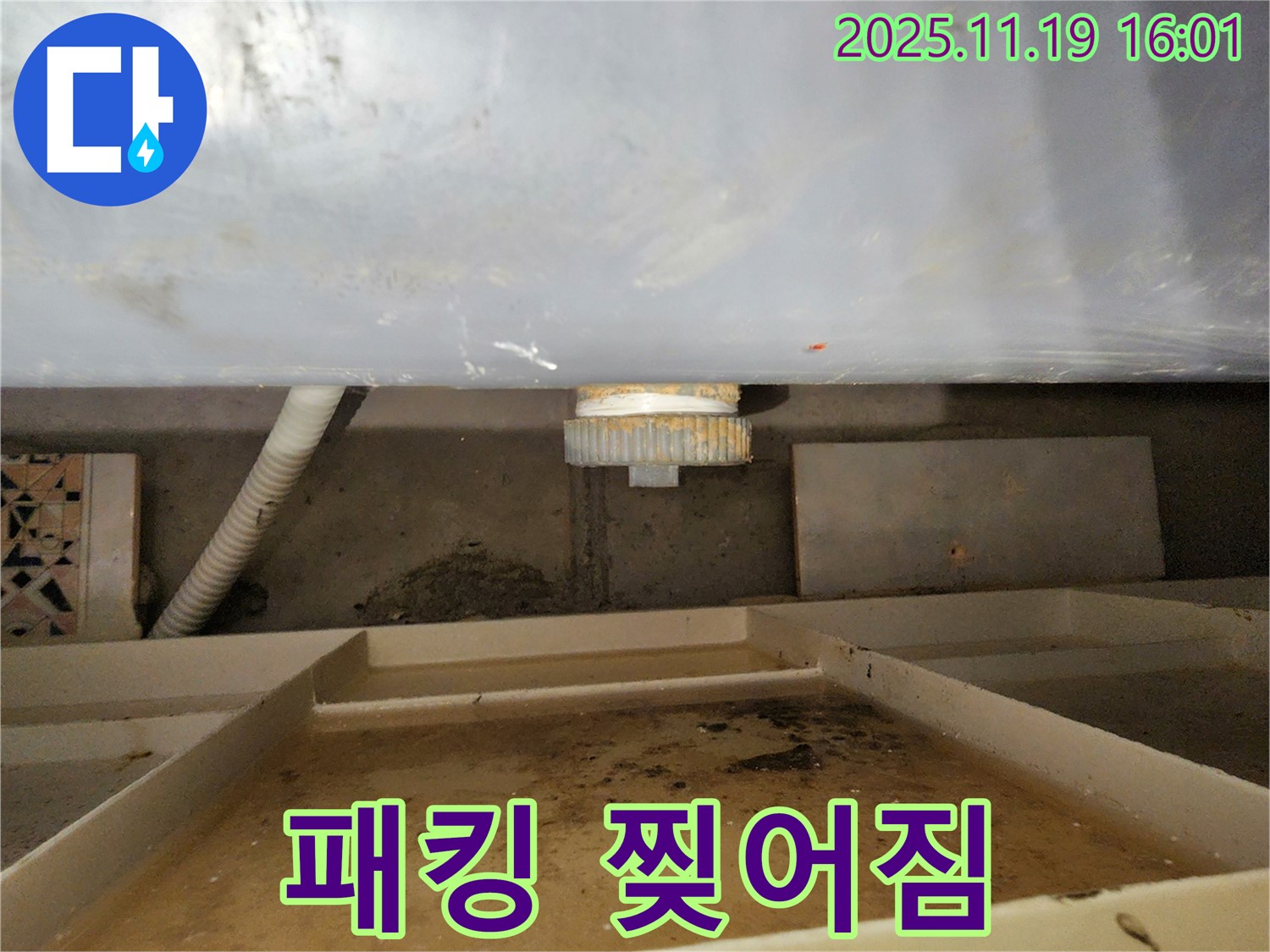 욕조 배수 누수 - 오래된 고무 패킹이 찢어져 누수가 발생하고 있습니다.