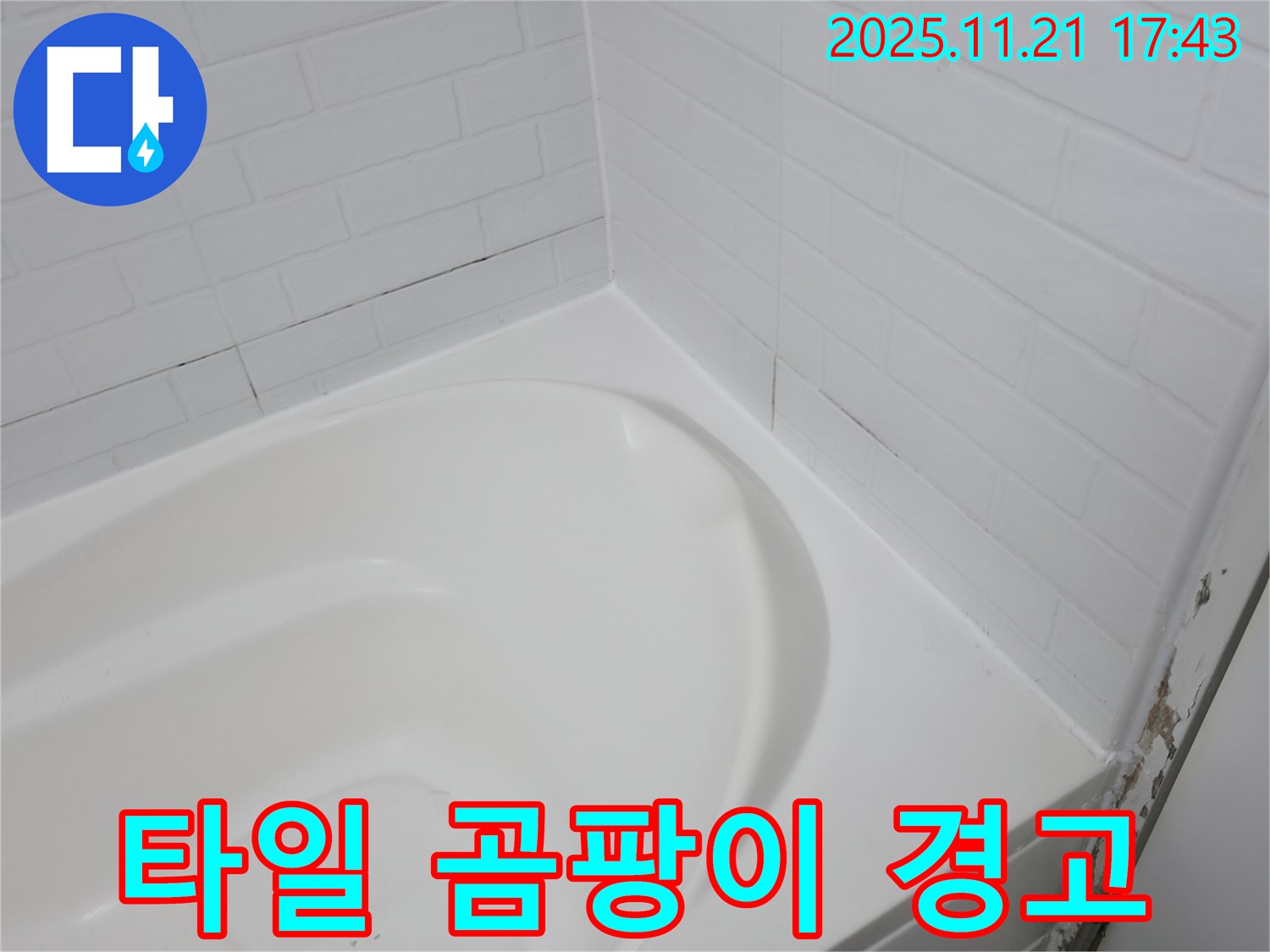 세검정 욕조 - 곰팡이 슨 타일 틈새 - 누수 위험 경고등
