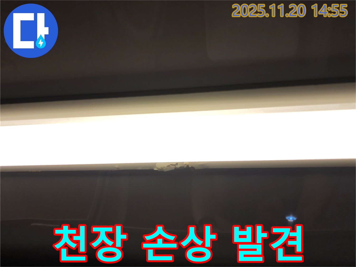 LED 조명 누수 - 천장 손상, 초기 누수 의심