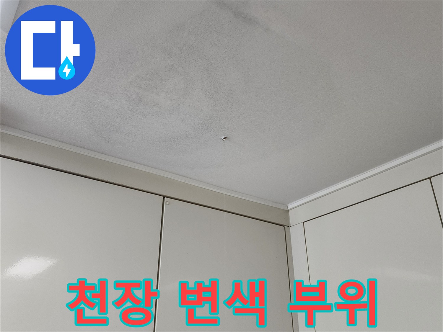 천장 벽지의 변색된 얼룩을 근접 촬영한 사진입니다.