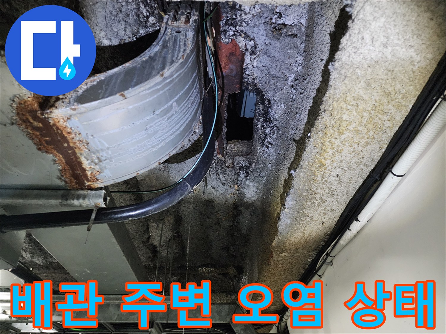 오염된 천장 마감재-및 부식된 배관 구조물