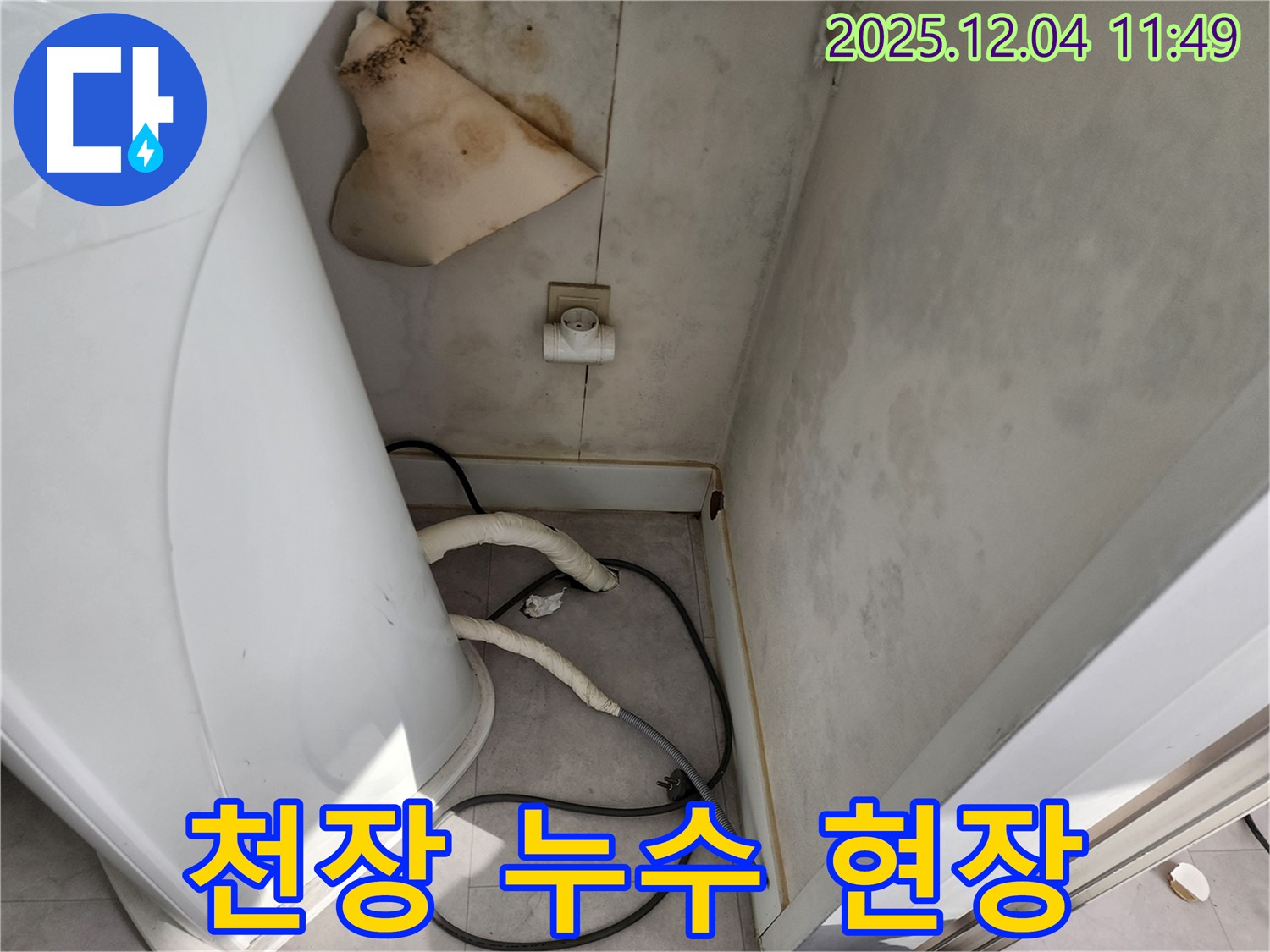 포천시 일동면 천장 누수 현장 - 벽과 천장에 심각한 누수 흔적