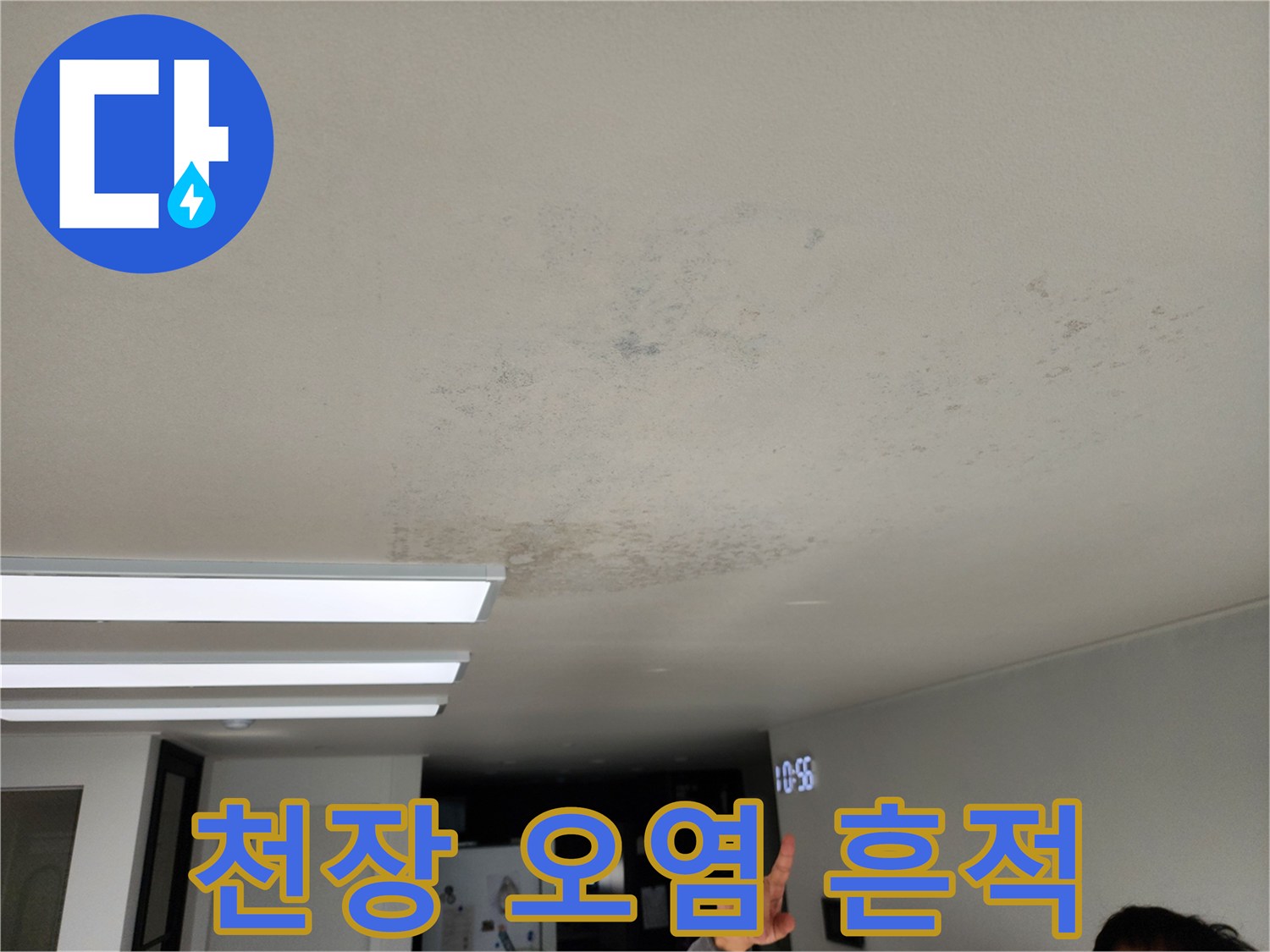누수로 인해 오염된 천장 표면 모습