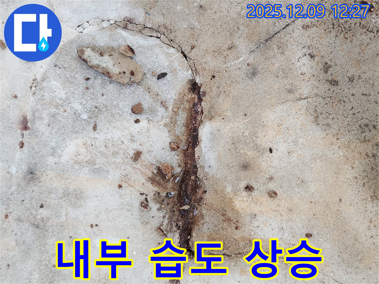 콘크리트 누수로 인한 건물 내부 습도 상승 - 곰팡이 발생 위험 증가.