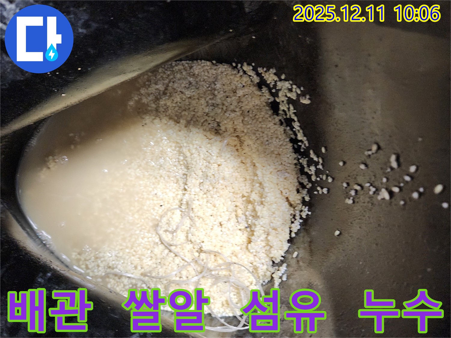 배관 속 쌀알 모양 침전물과 섬유 조각 - 배관 속에 쌀알 모양 침전물과 섬유 조각이 섞여 누수를 유발하는 모습입니다.