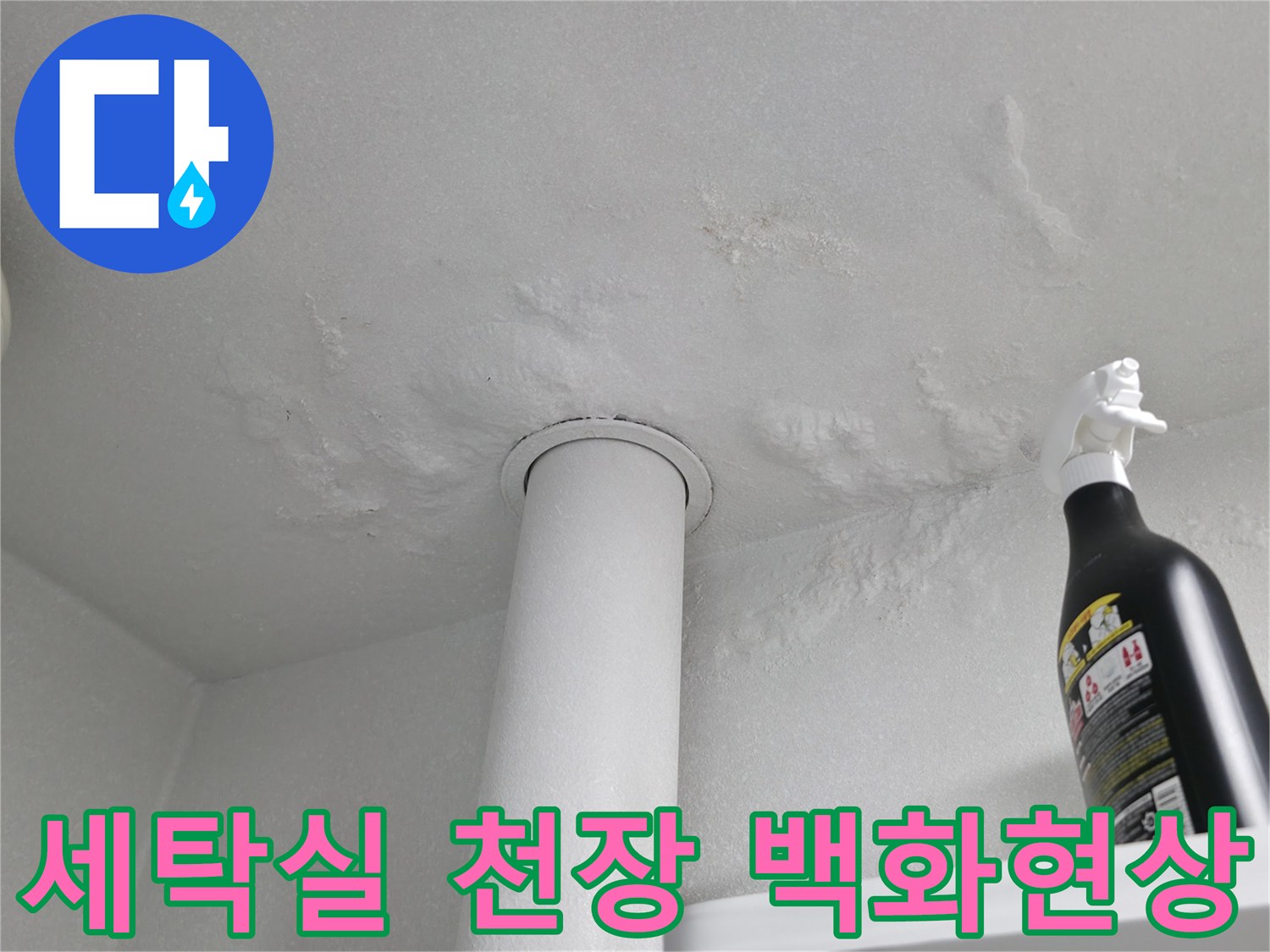 성동구 옥수동-세탁실 천장 배관 주변에 발생한 하얀 백화 현상과 물 얼룩 상태