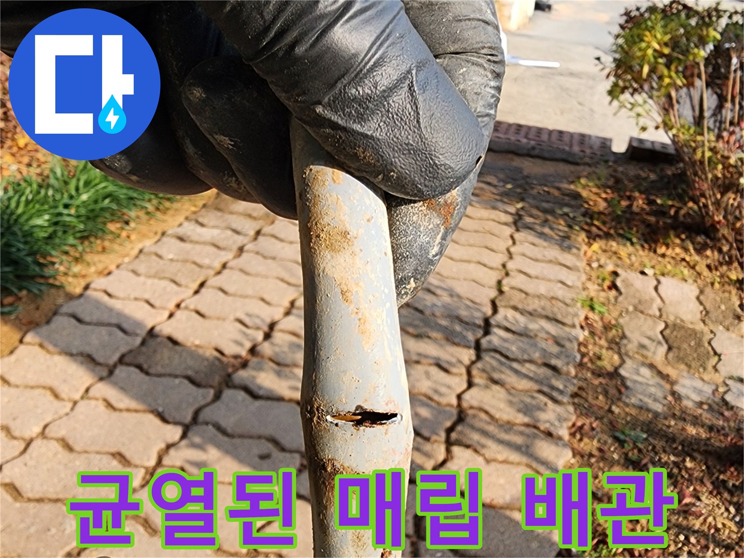 수직으로 갈라져 있는 파손된 형태의 배관