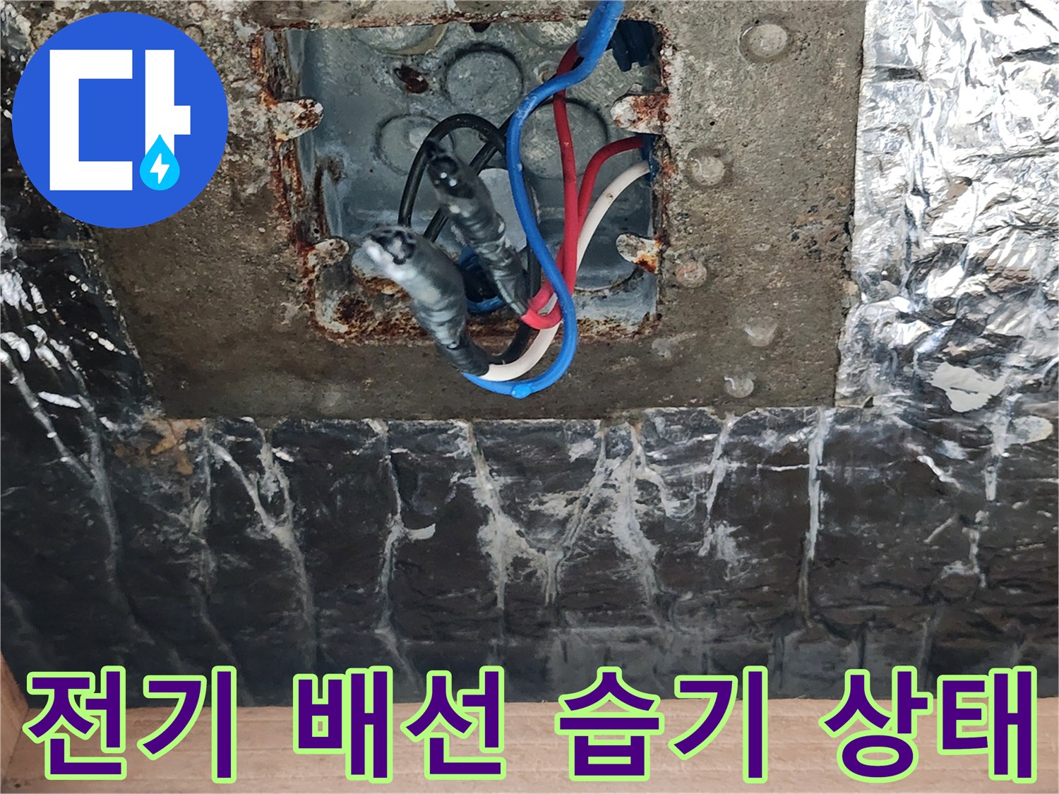 습기에 노출된 천장 내부 전선 연결부
