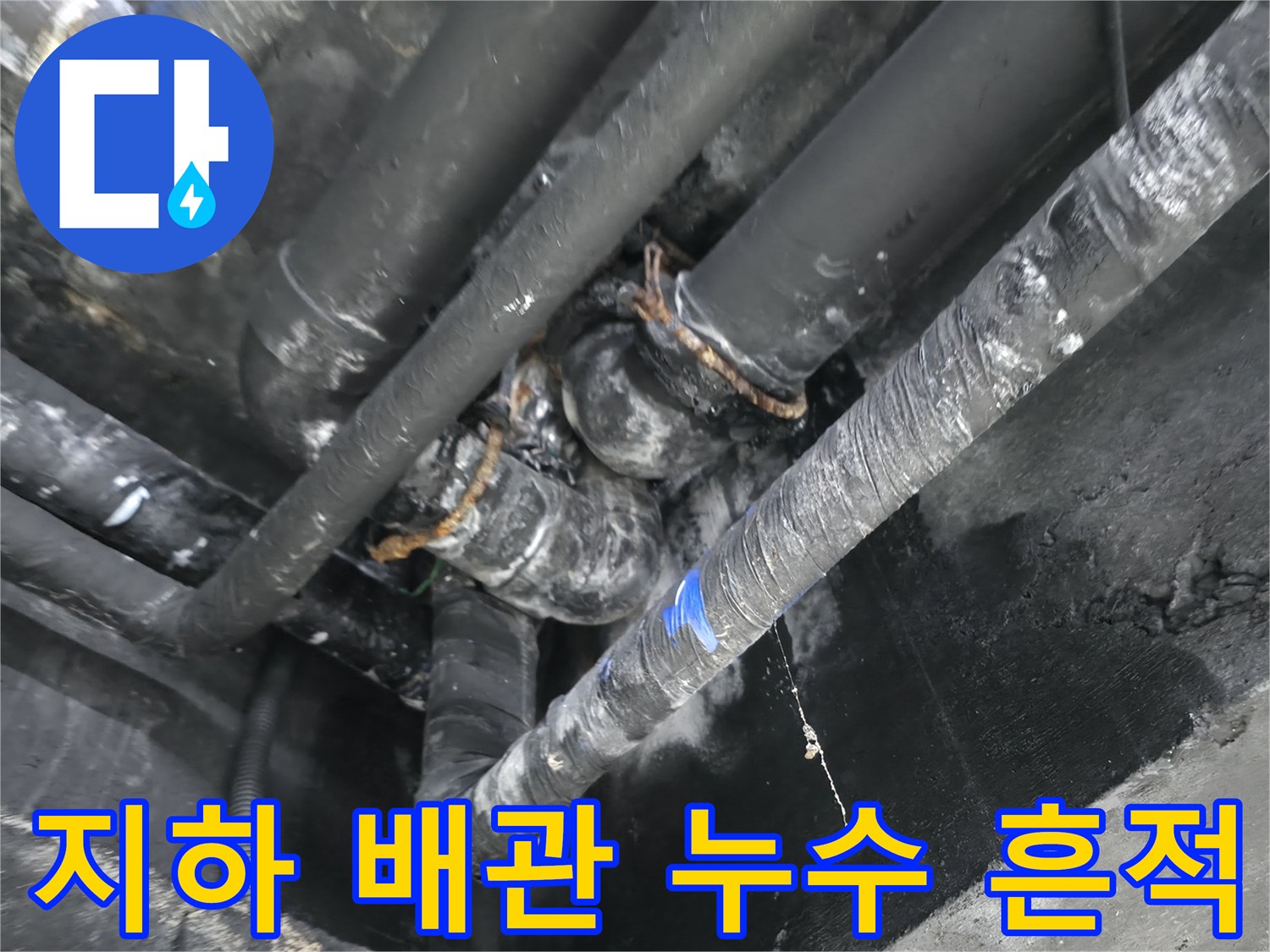 용인 수지구 지하층-천장 배관의 물샘 흔적과 습기 상태