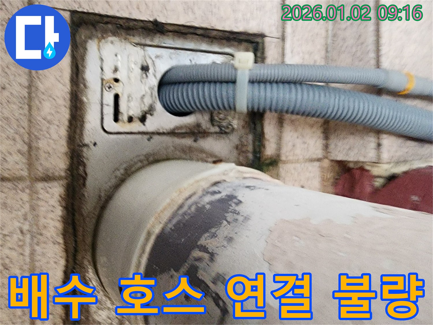 세탁기 배수 호스 연결 불량 - 배수 호스 연결 부위가 헐거워져 누수가 발생하고 있습니다.