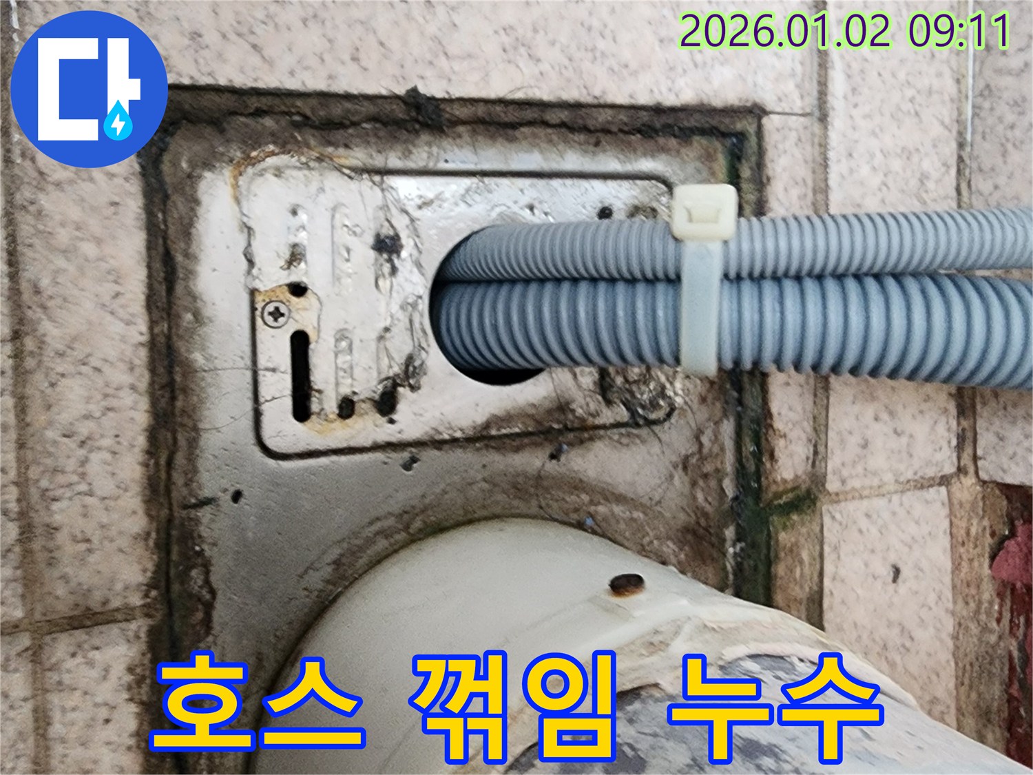세탁기 배수구 주변 배수 호스 꺾임으로 인한 역류 누수 - 상계9동 누수 전문가가 호스 재배치 및 고정으로 해결했습니다.