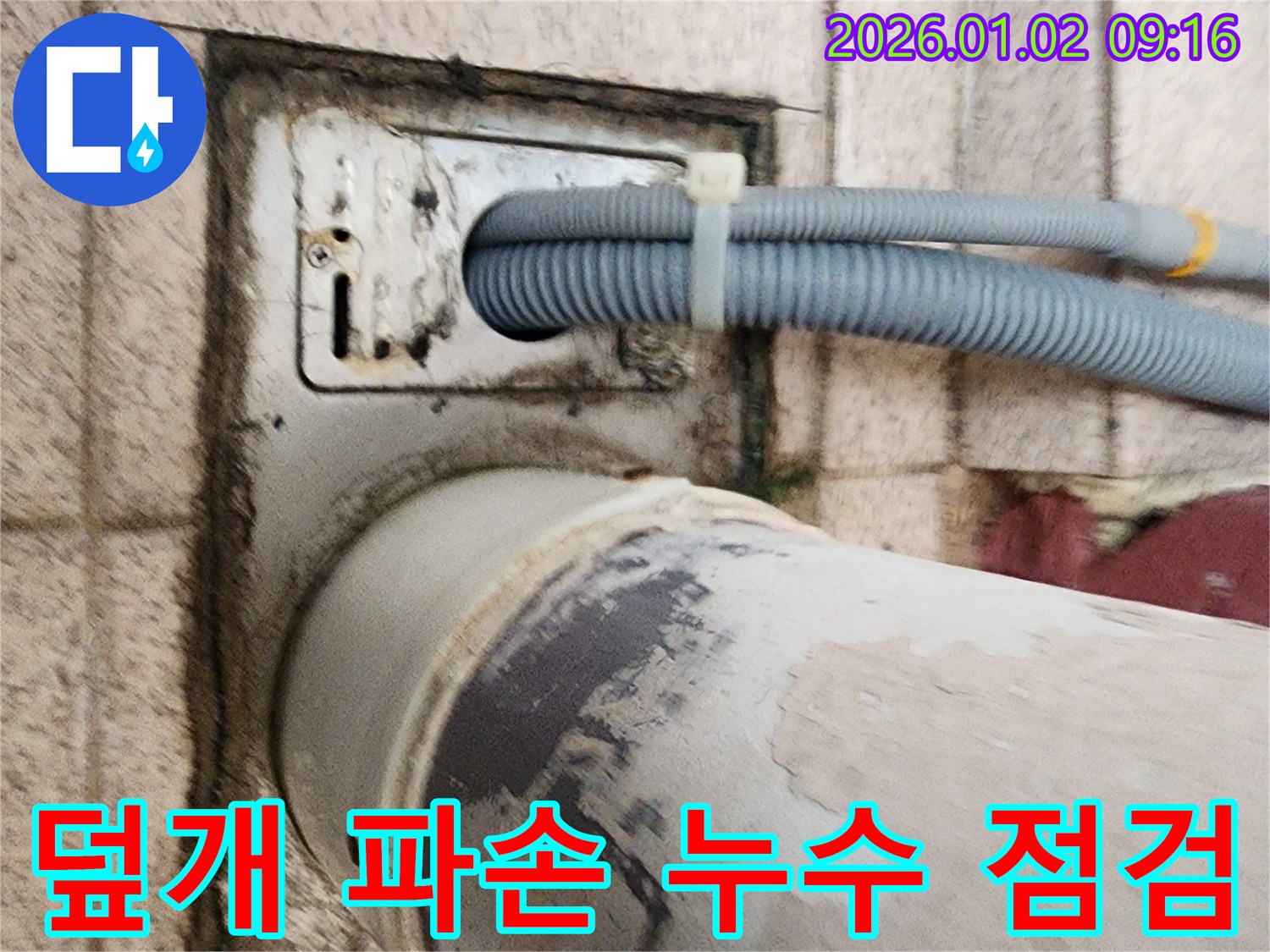 세탁기 배수구 주변 배수구 덮개 파손 - 배수구 덮개가 파손되어 안전사고 위험이 있고, 누수 가능성이 있어 점검이 필요합니다.