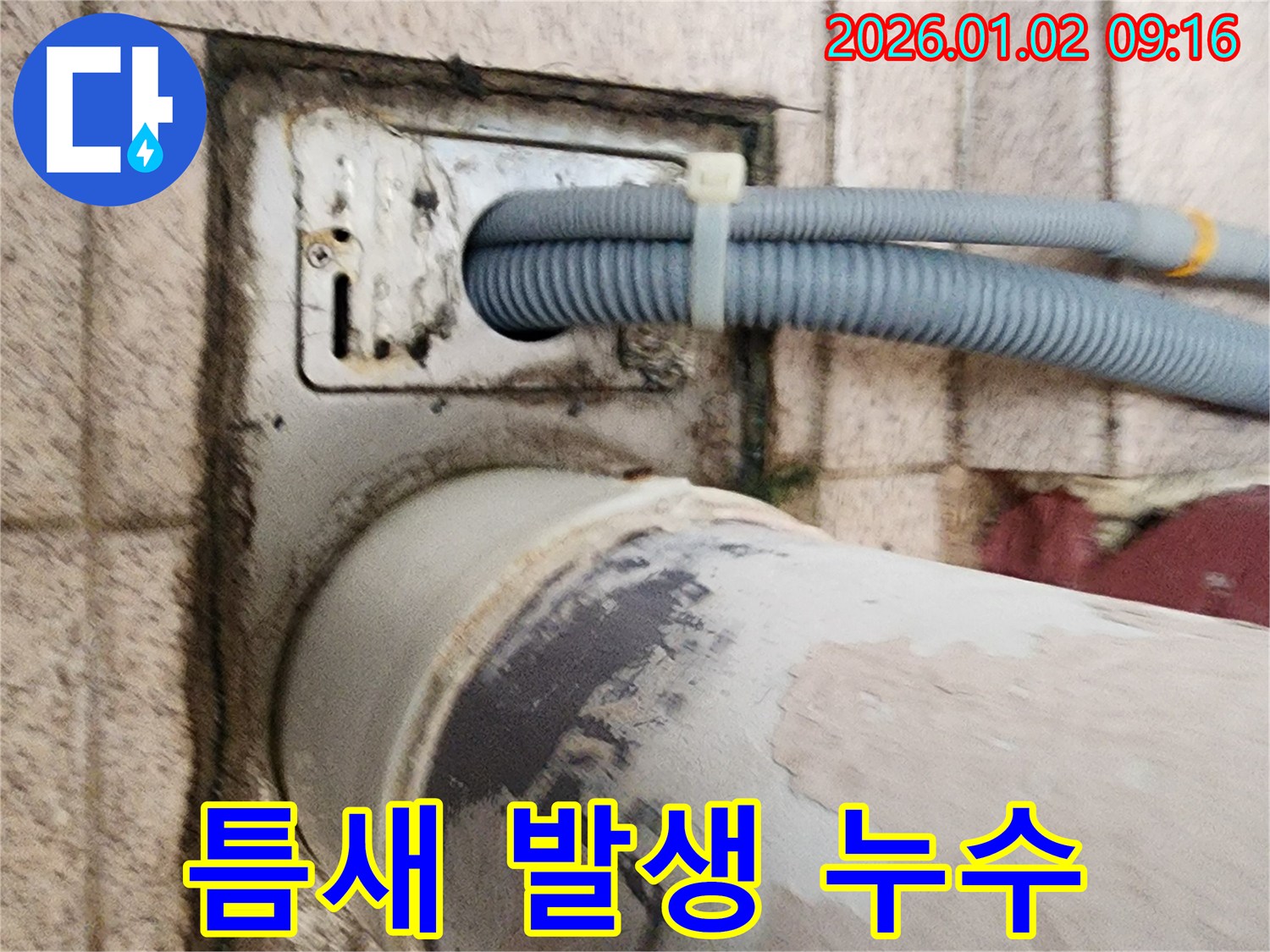 세탁기 배수구 주변 틈새 - 배수구 주변에 틈새가 발생하여 누수 위험을 진단하고 있습니다.