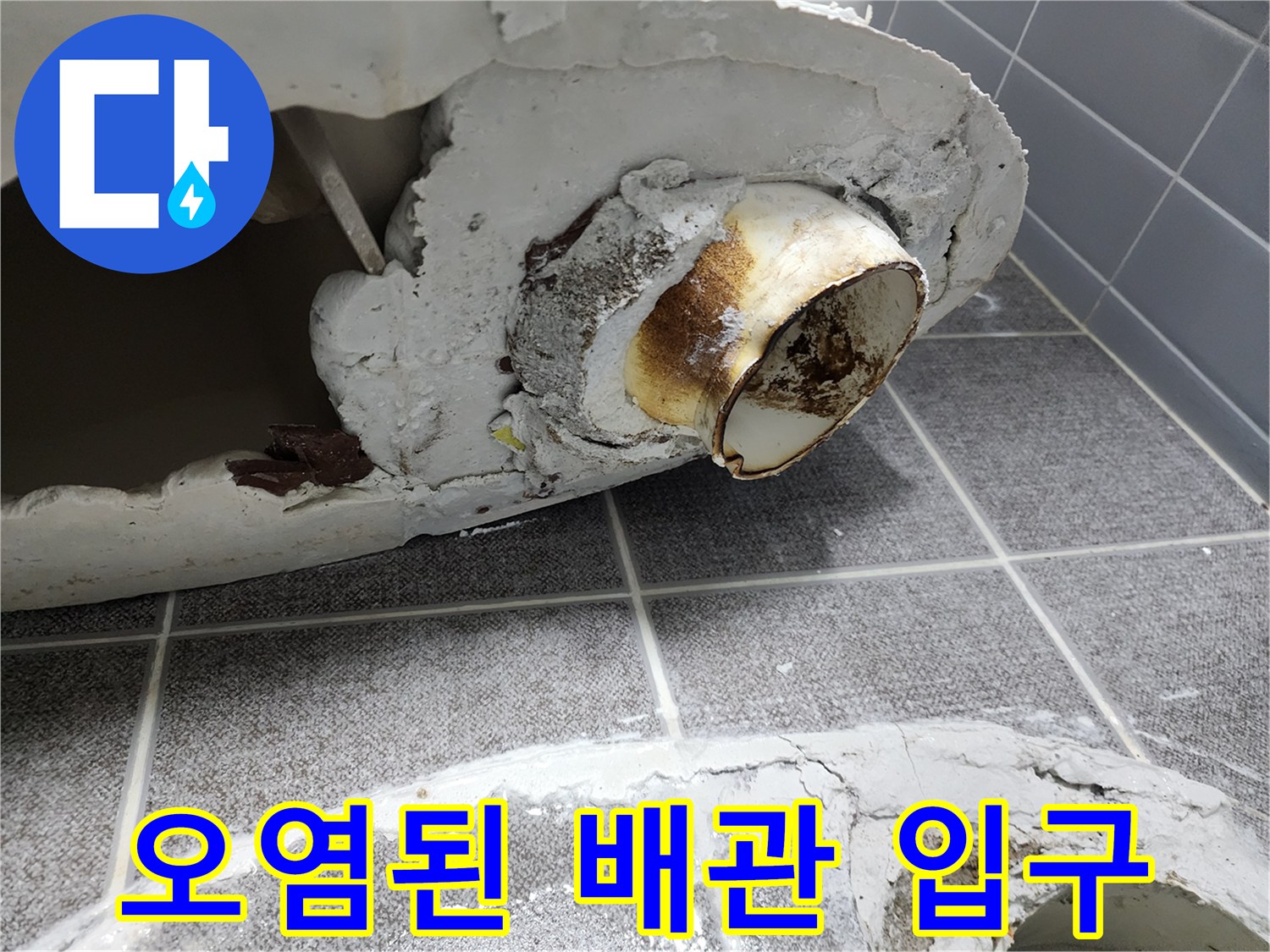 오염과 이물질로 뒤덮인 변기 하단 배관 부위