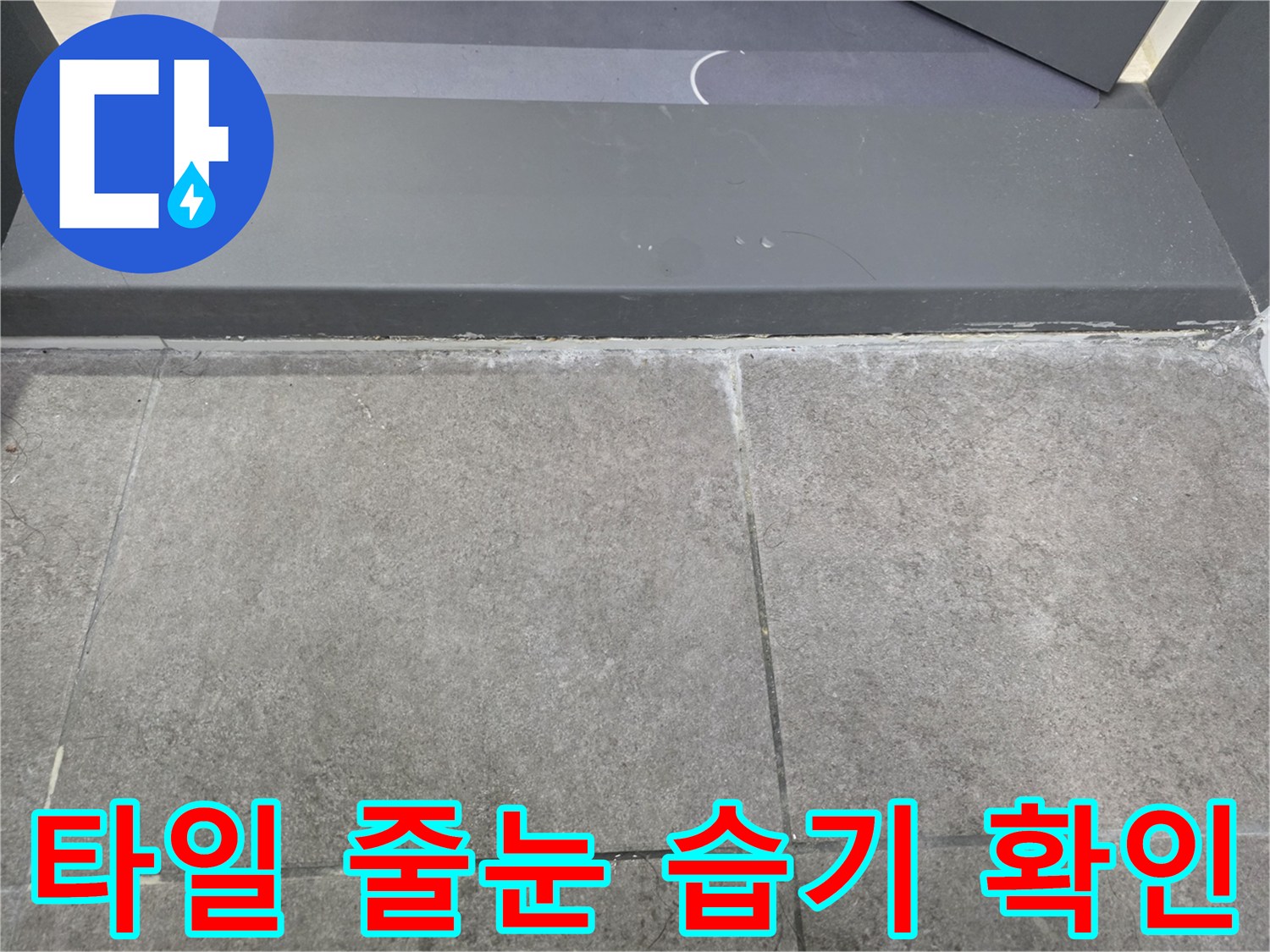 욕실 바닥 타일 사이의 줄눈 상태와 습기 침투 흔적을 촬영한 사진입니다.