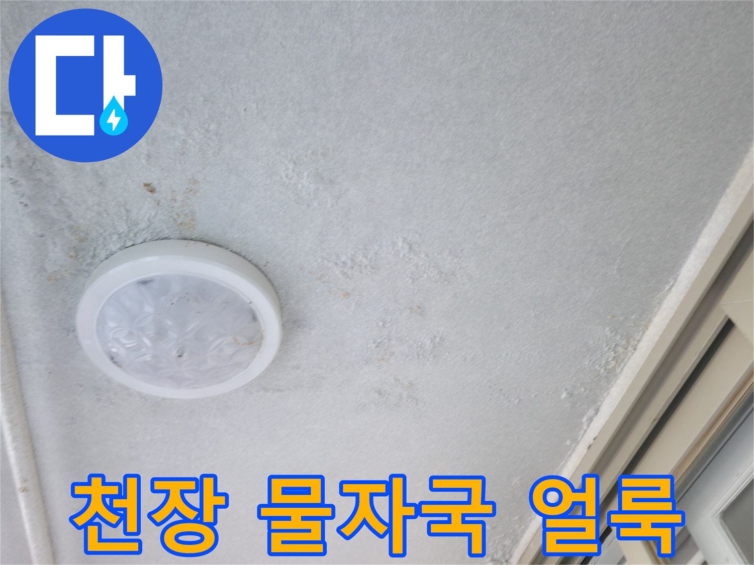 아파트 거실 천장의 누수 흔적 및 습기 부위