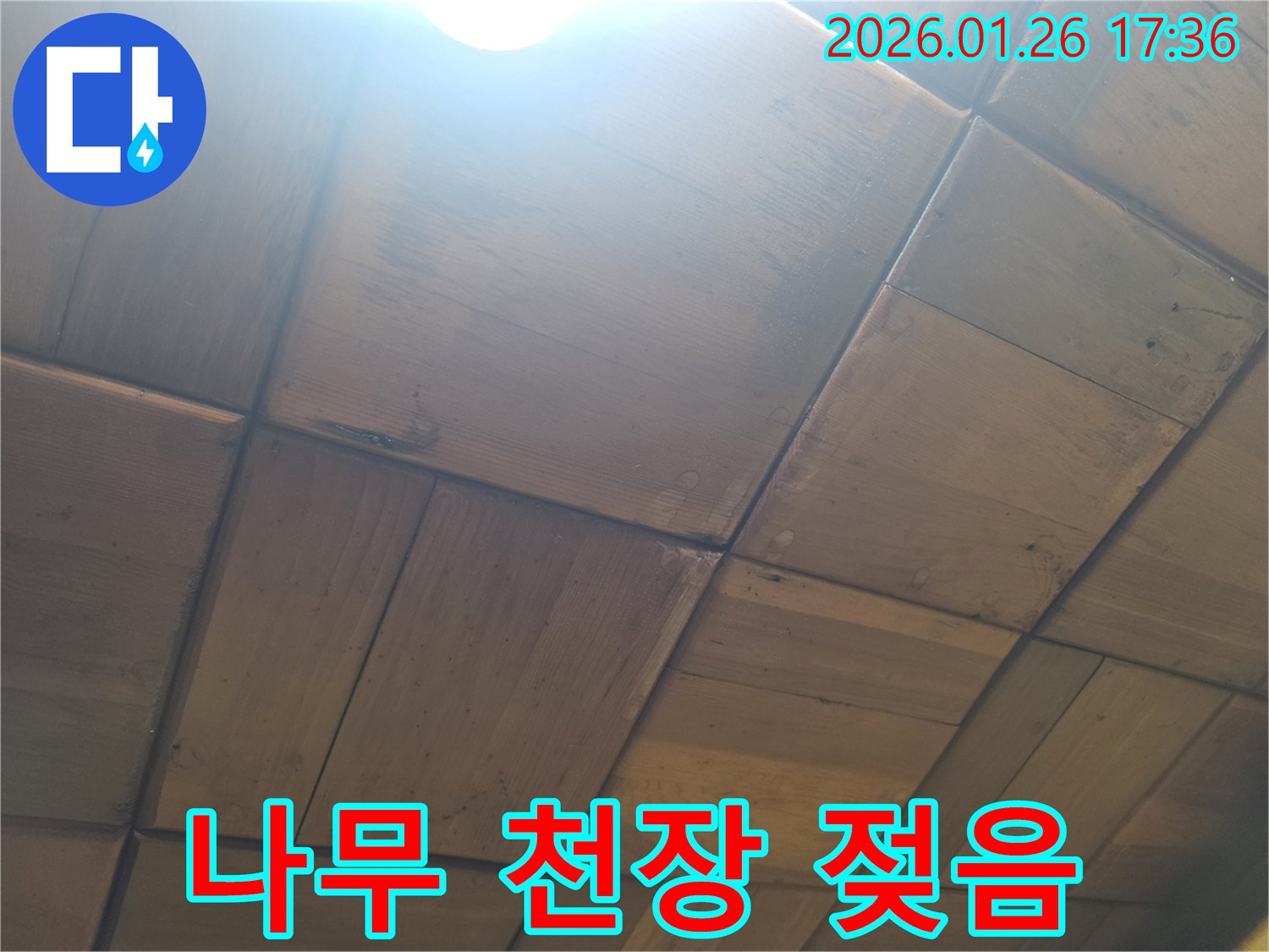 나무 천장-패널에 물이 스며들어 젖은 모습-누수 초기 증상