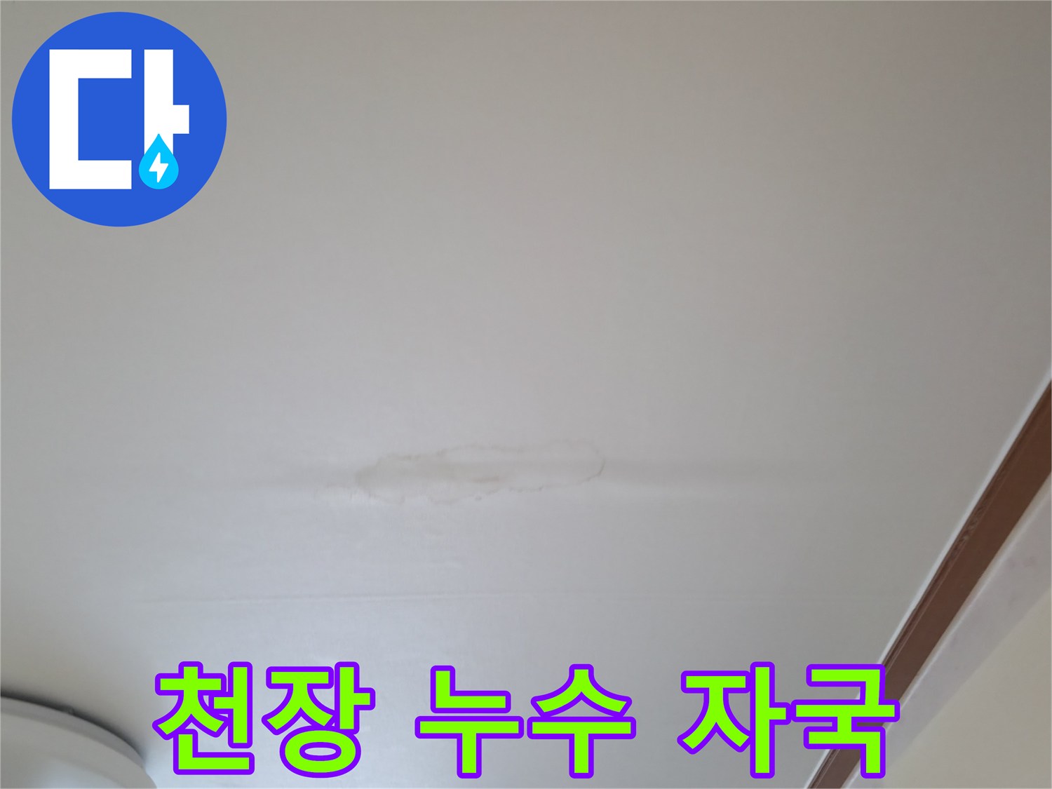 천장 벽지가 물에 젖어 변색된 모습
